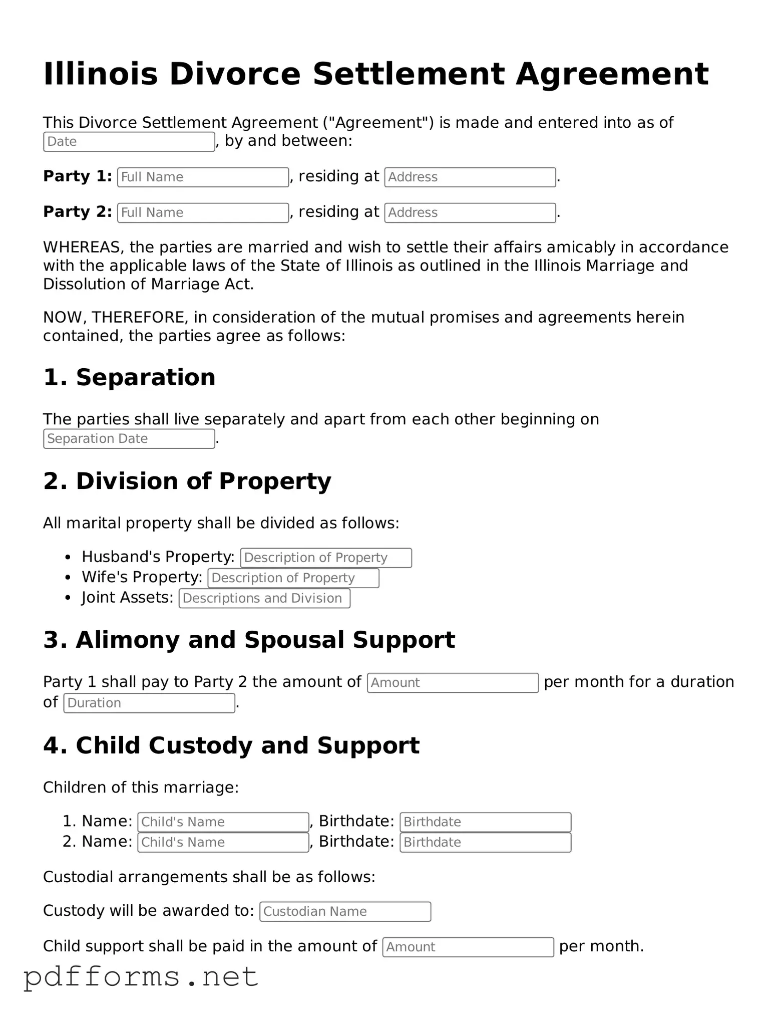 Free  Divorce Settlement Agreement Document for Illinois