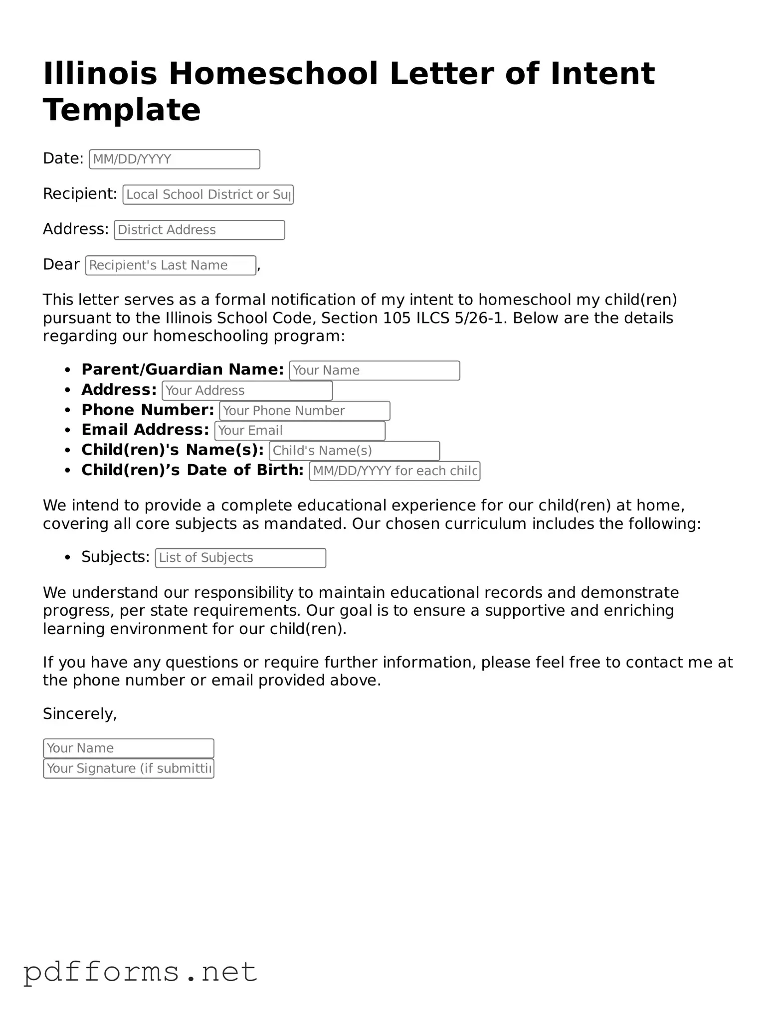 Free  Homeschool Letter of Intent Document for Illinois