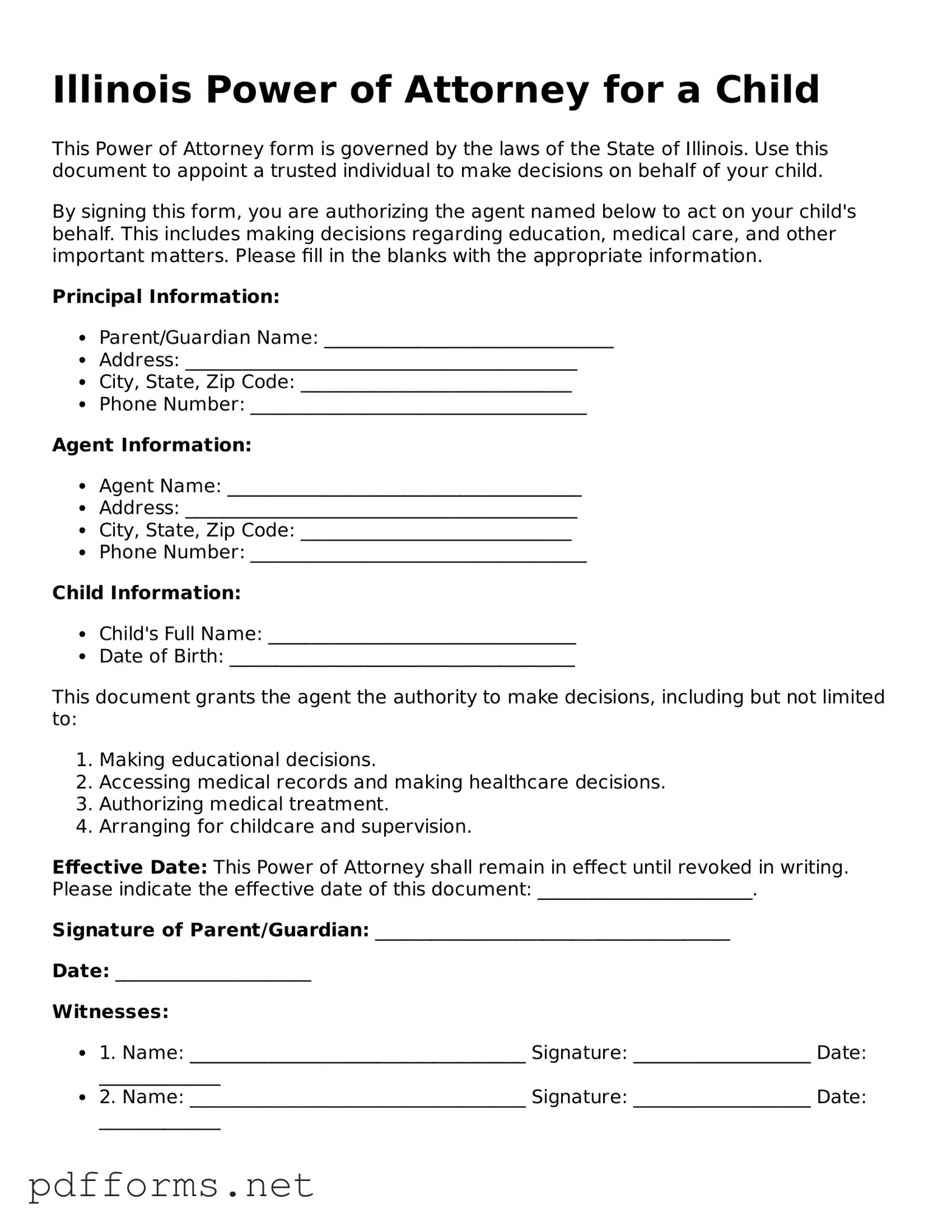Free  Power of Attorney for a Child Document for Illinois