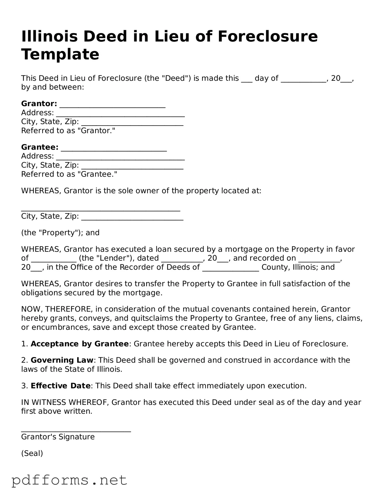 Free  Deed in Lieu of Foreclosure Document for Illinois