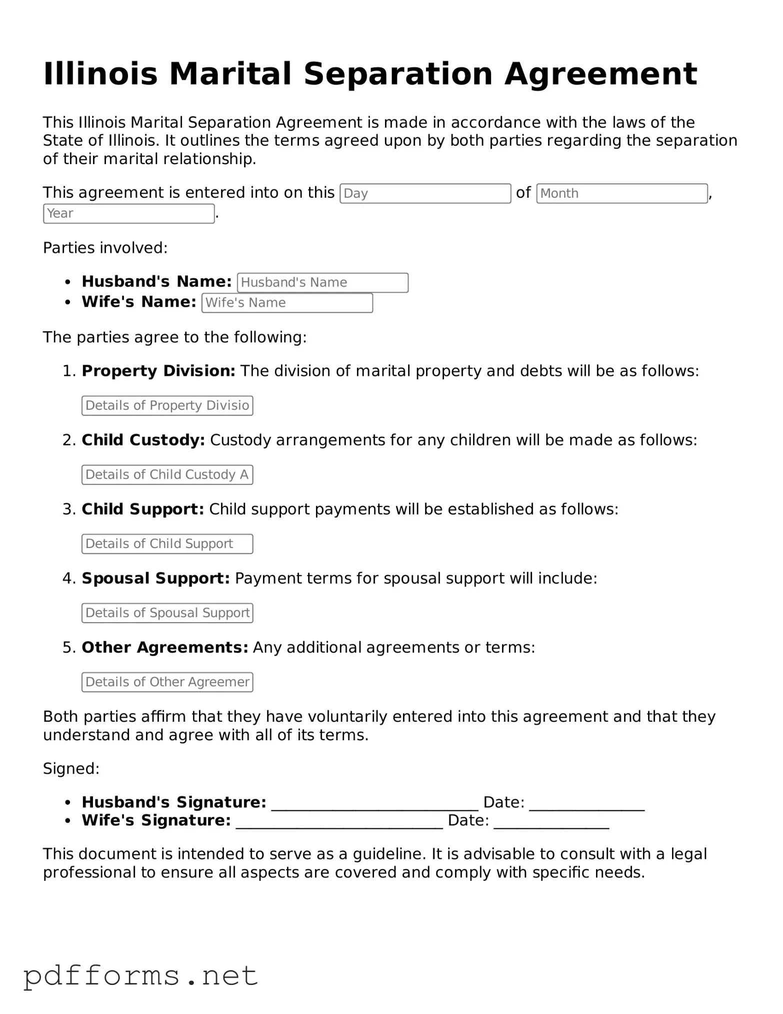 Free  Marital Separation Agreement Document for Illinois