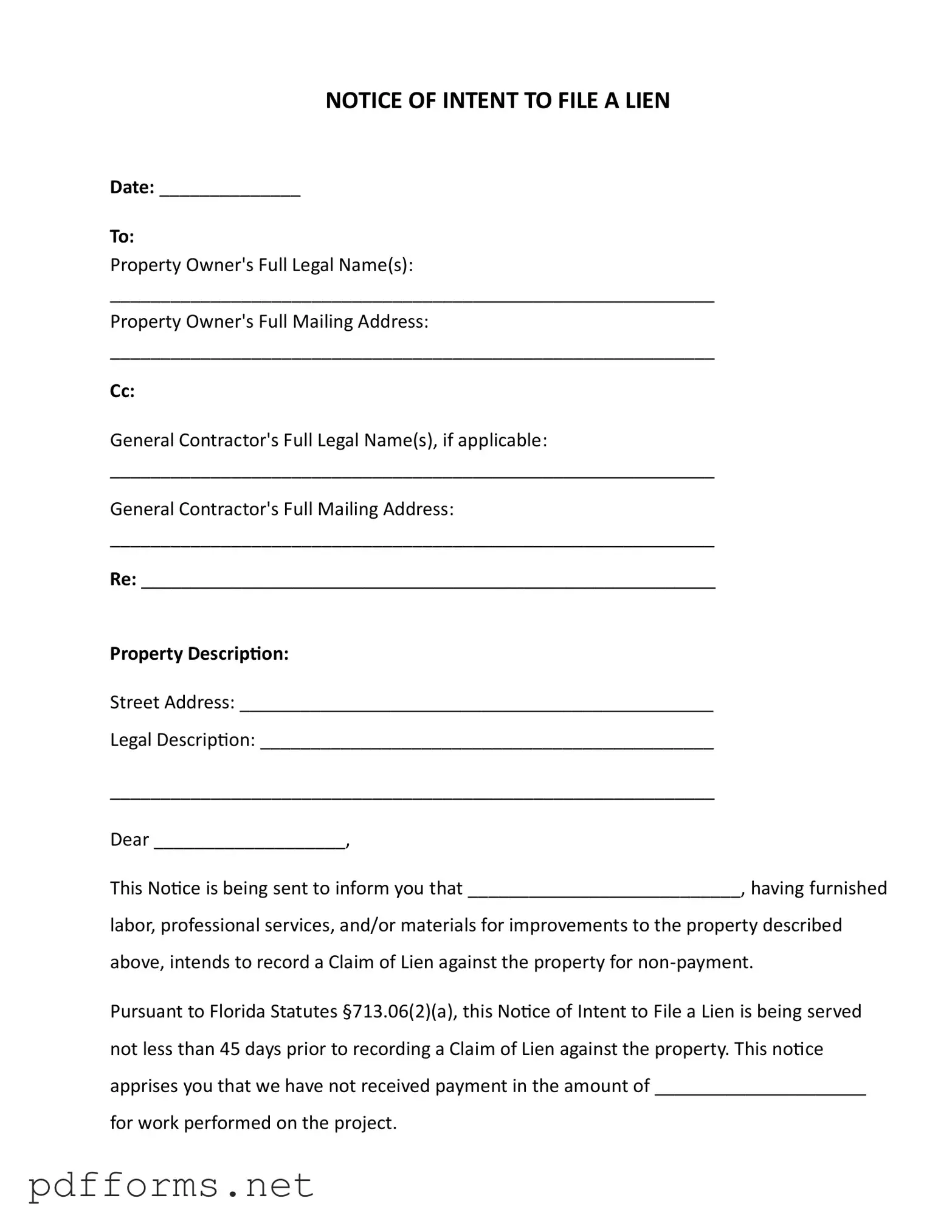 Download Intent To Lien Florida Template