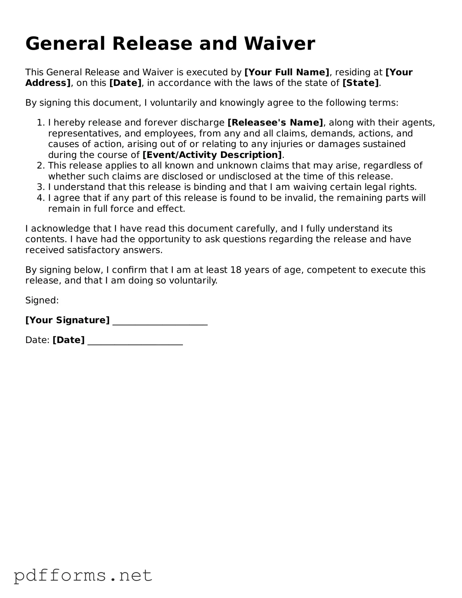 Official General Release and Waiver Template