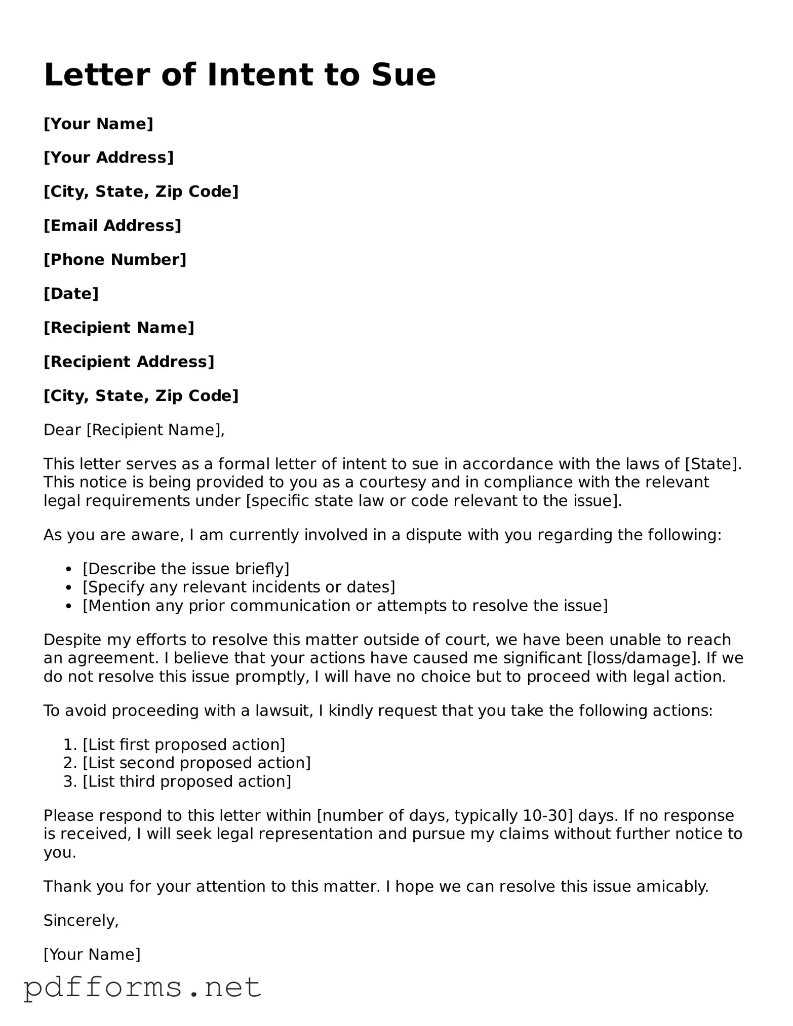 Official Letter of Intent to Sue Template