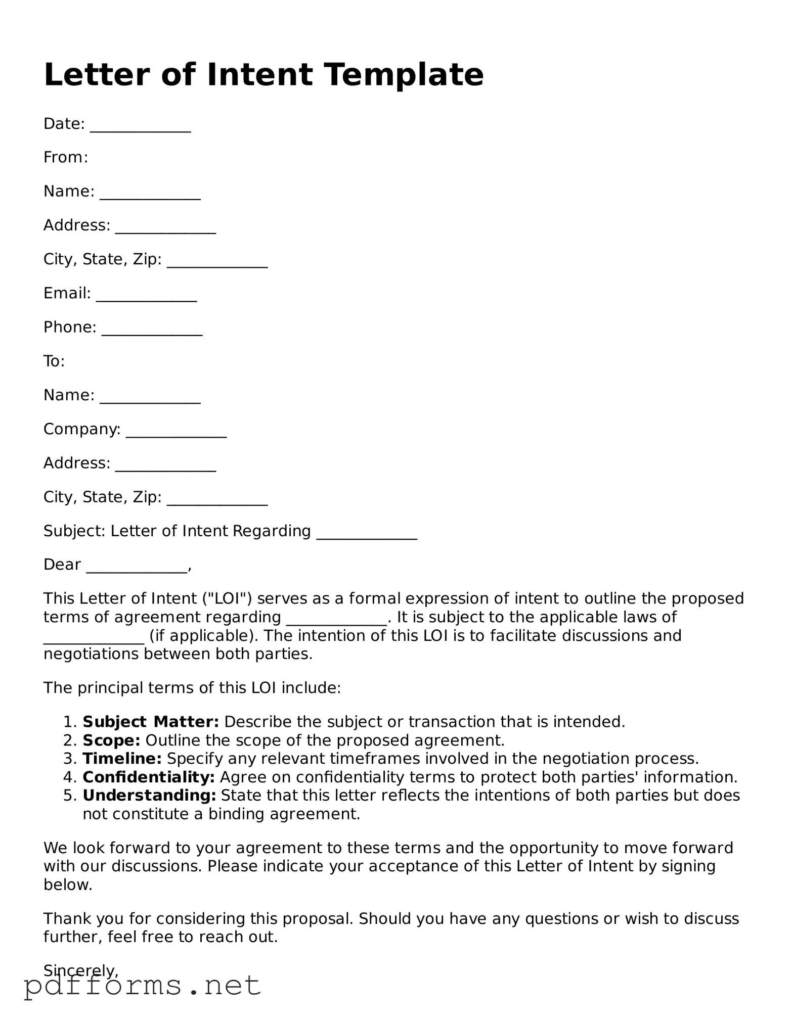 Official Letter of Intent Template