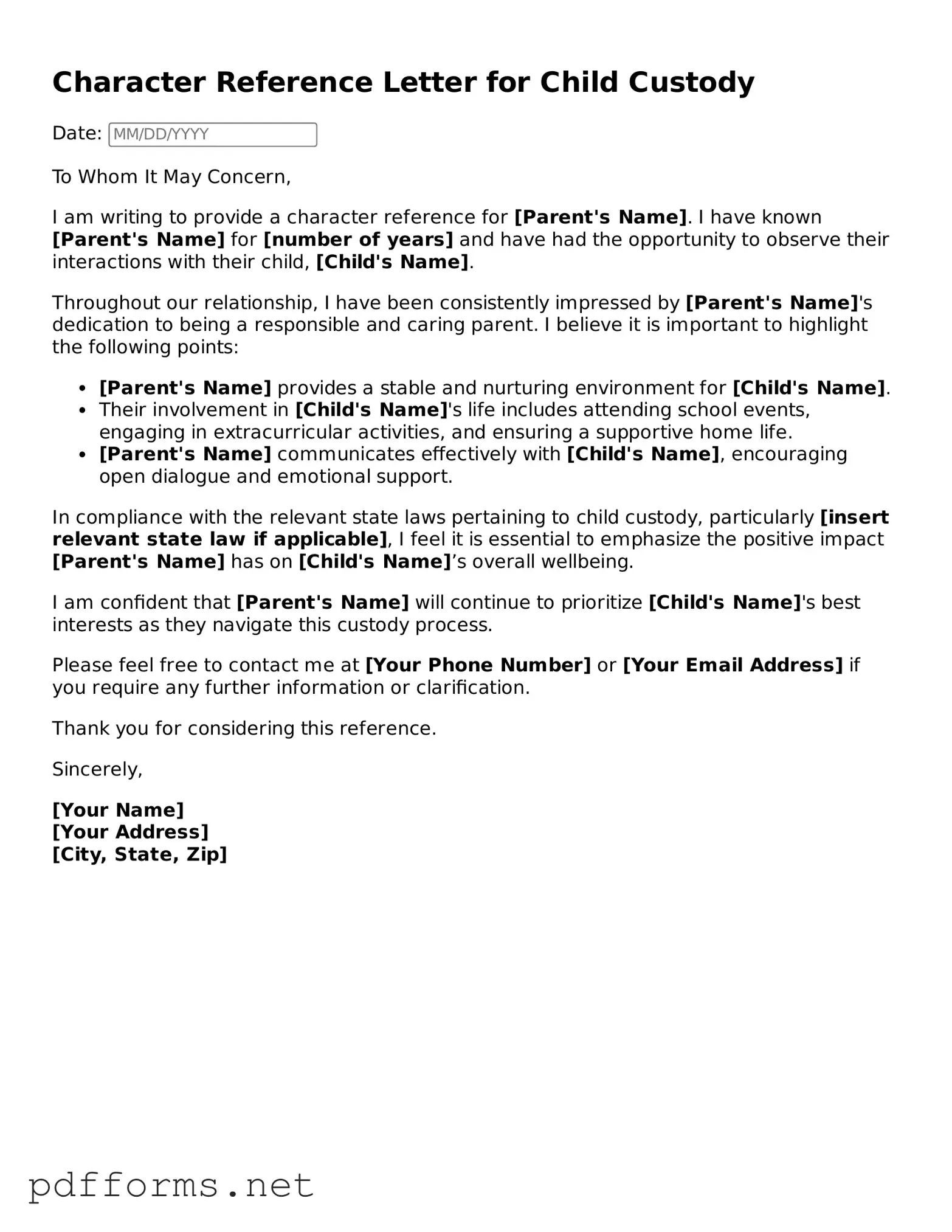 Official Character Reference Letter for Child Custody Template