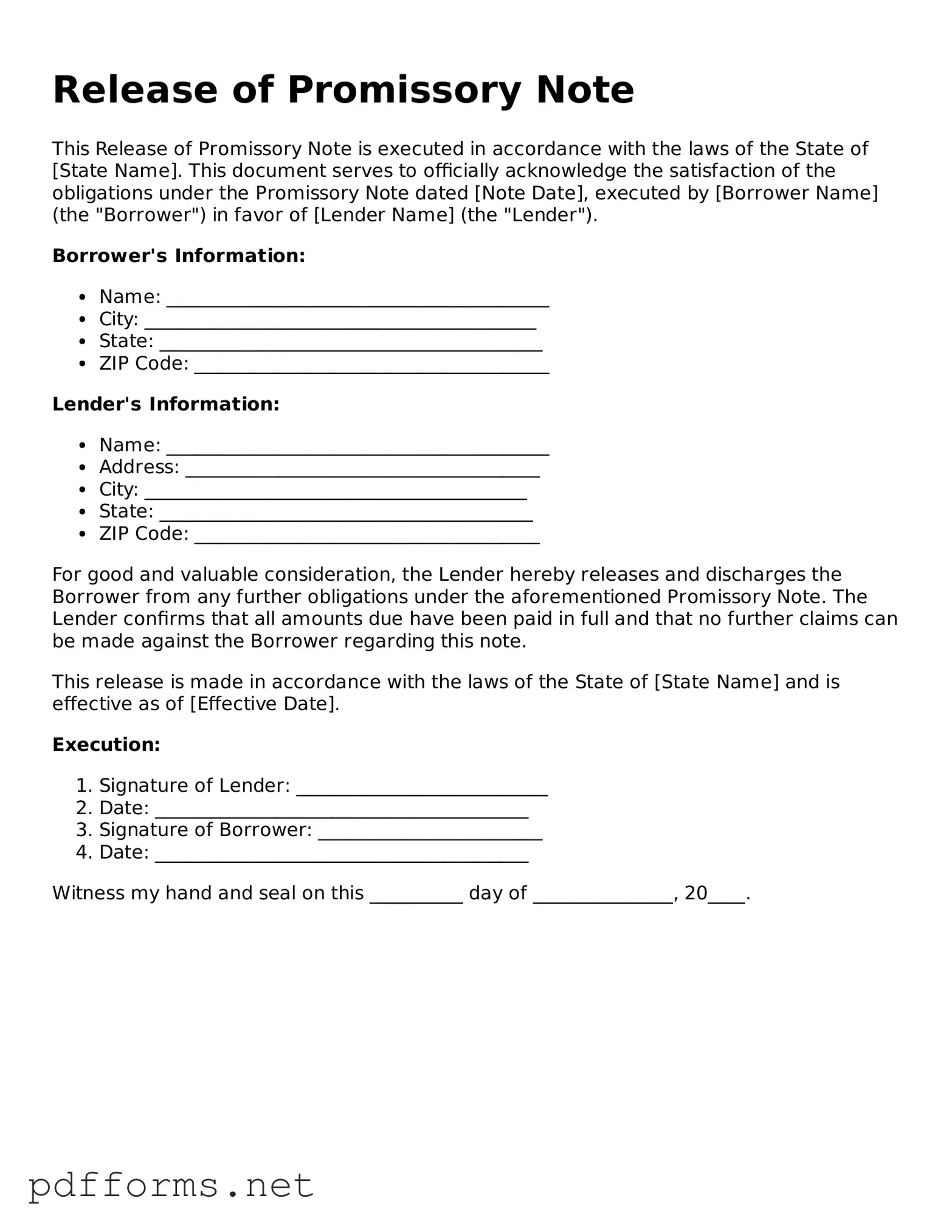 Official Release of Promissory Note Template