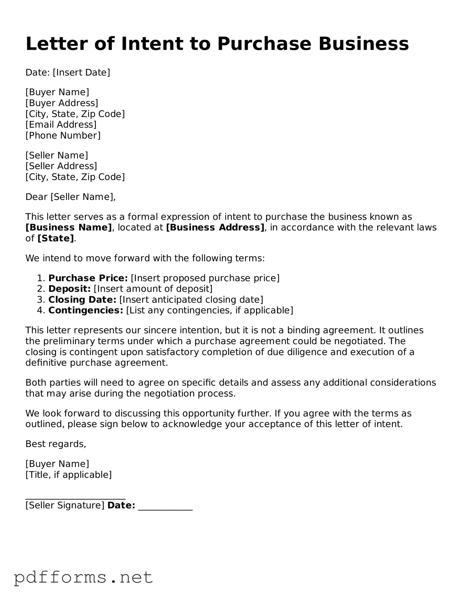 Official Letter of Intent to Purchase Business Template