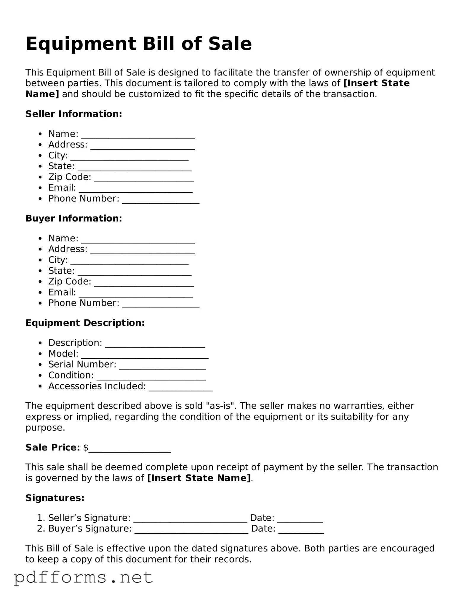 Official Equipment Bill of Sale Template