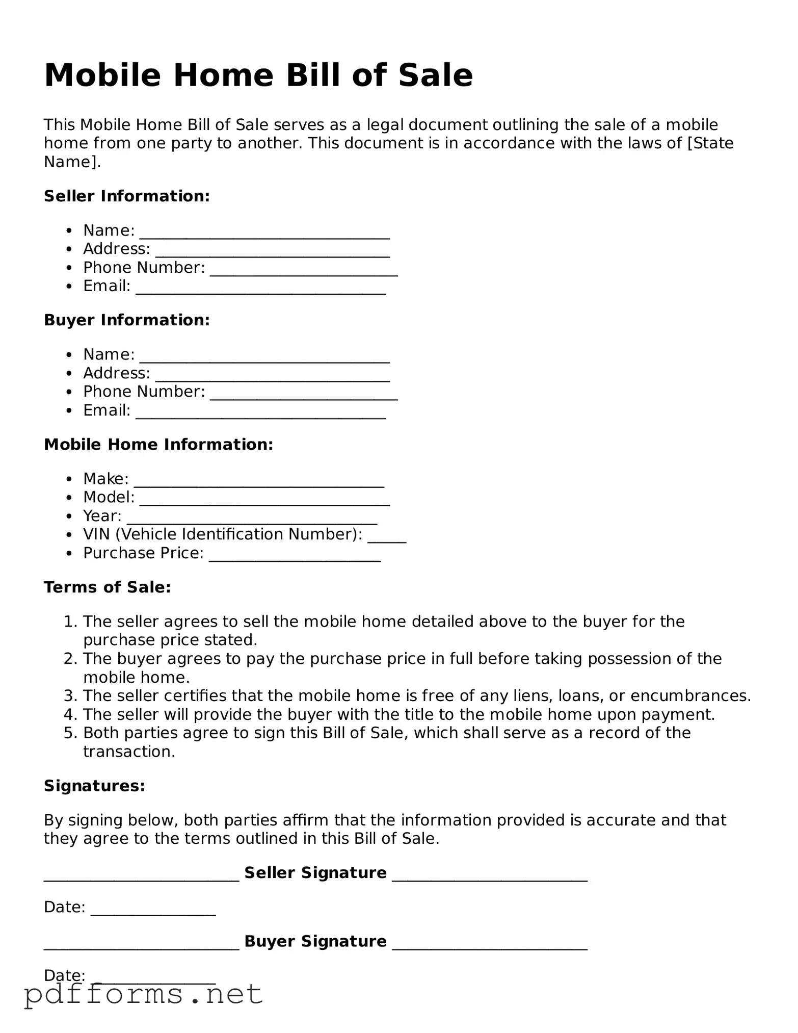 Official Mobile Home Bill of Sale Template