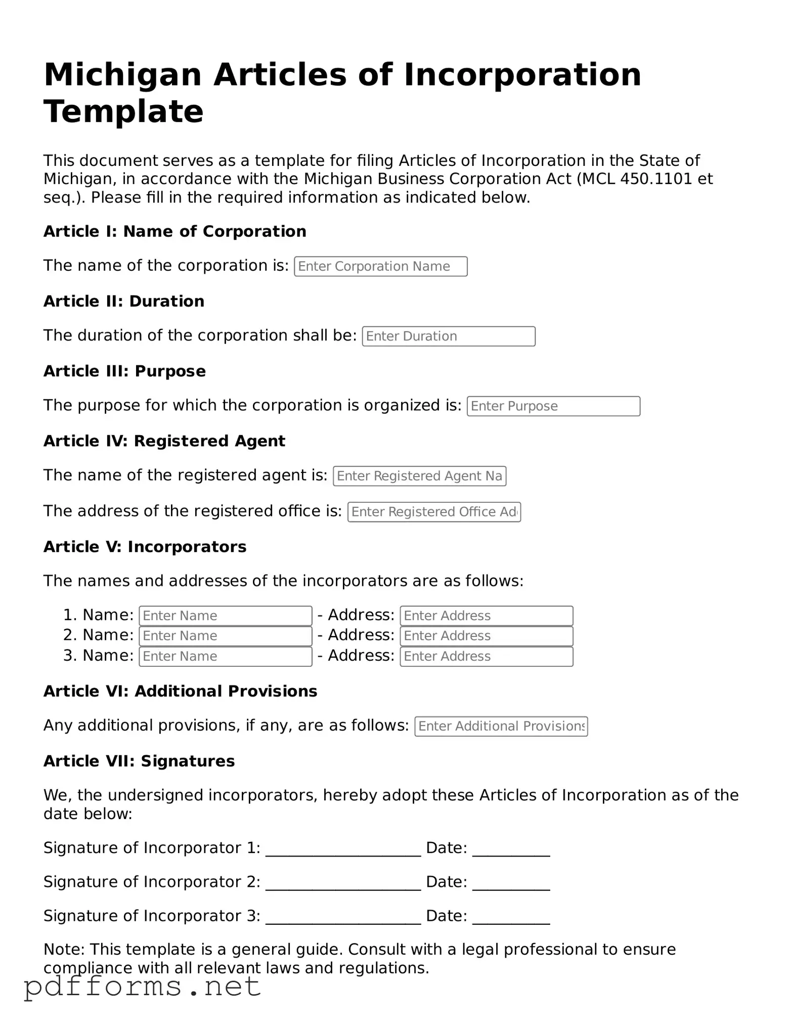 Free  Articles of Incorporation Document for Michigan