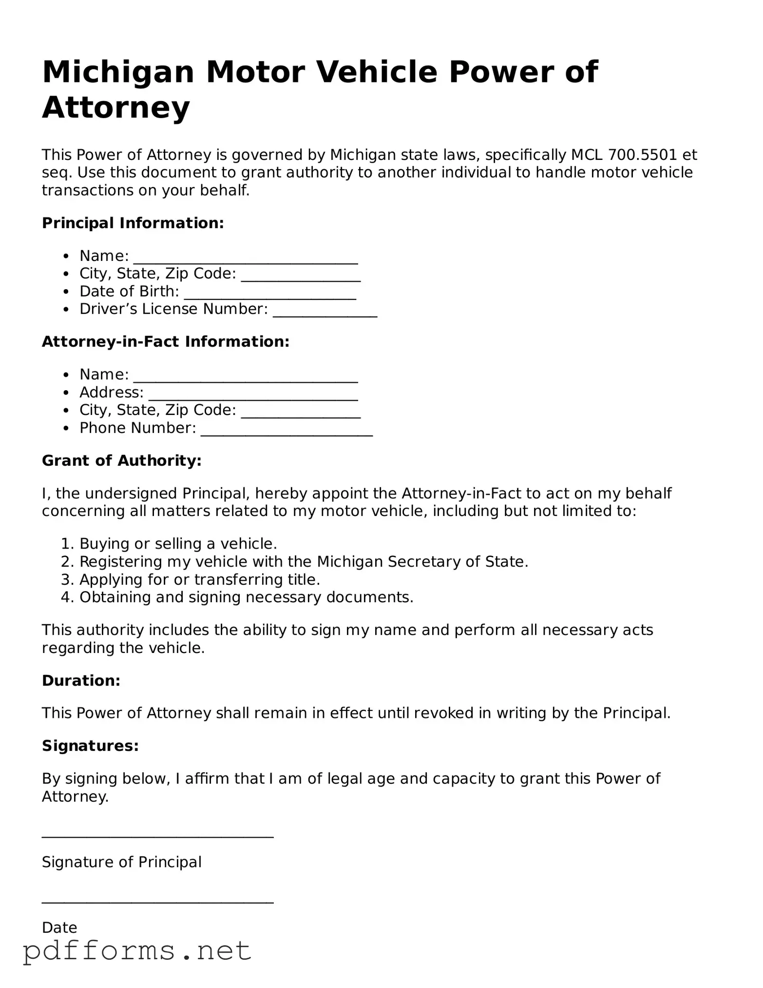 Free  Motor Vehicle Power of Attorney Document for Michigan