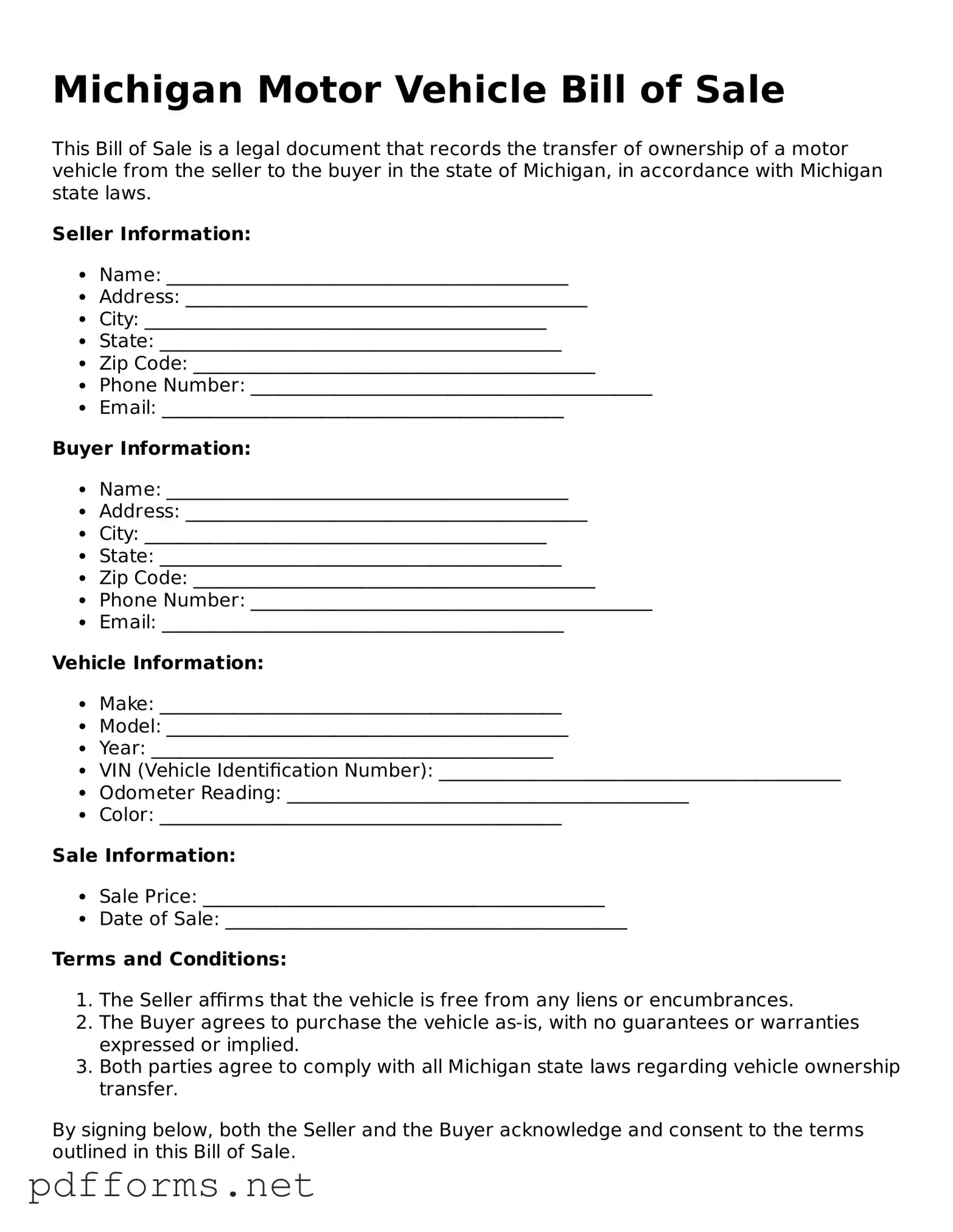 Free  Motor Vehicle Bill of Sale Document for Michigan