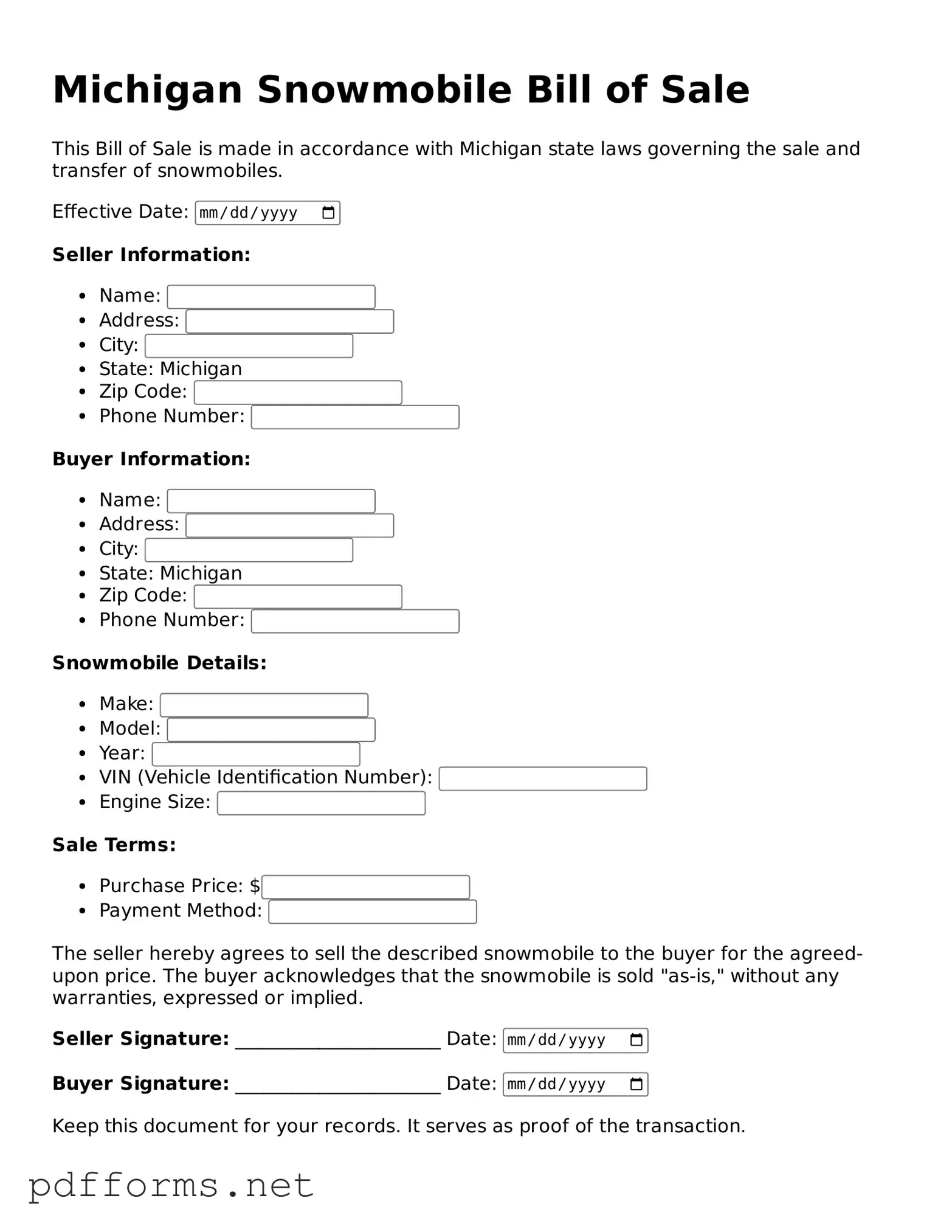 Free  Snowmobile Bill of Sale Document for Michigan