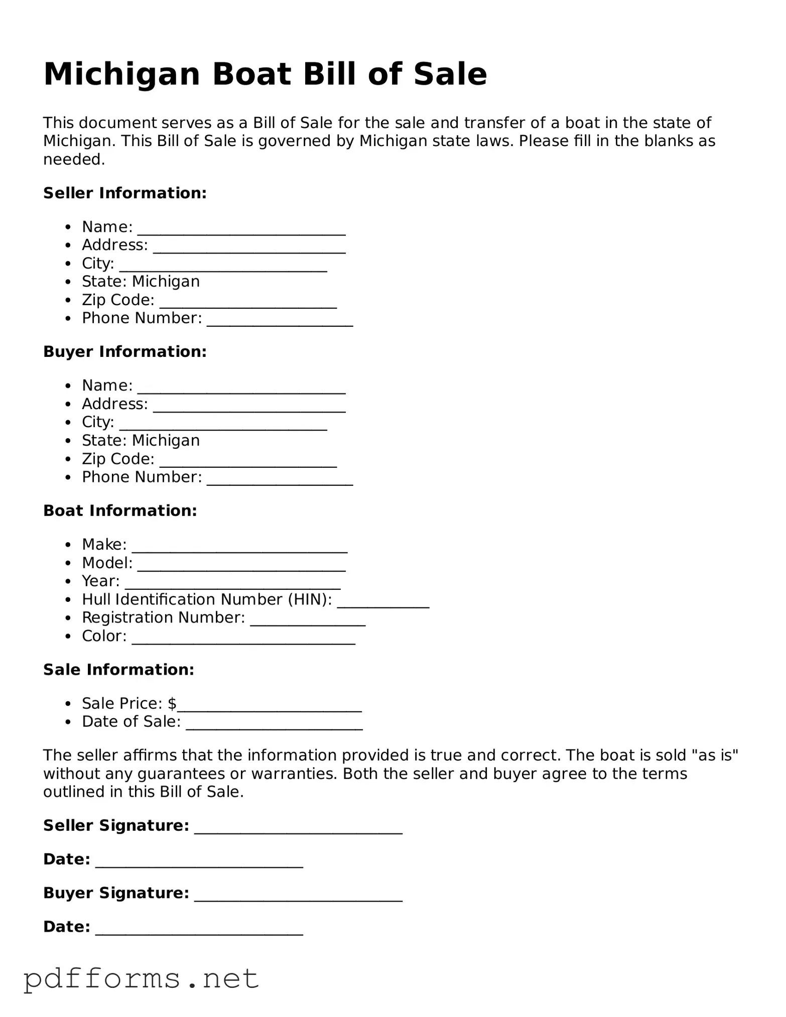 Free  Boat Bill of Sale Document for Michigan
