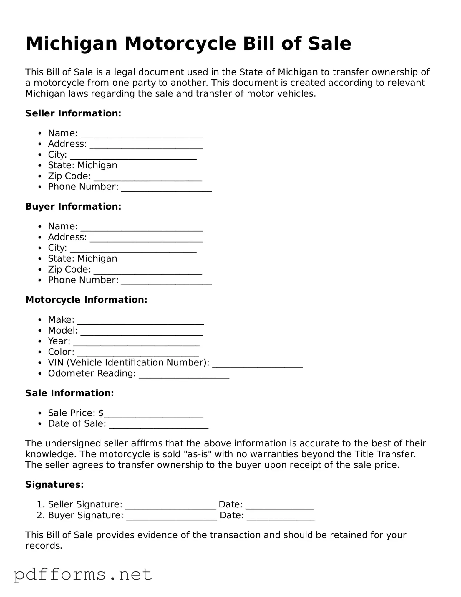 Free  Motorcycle Bill of Sale Document for Michigan