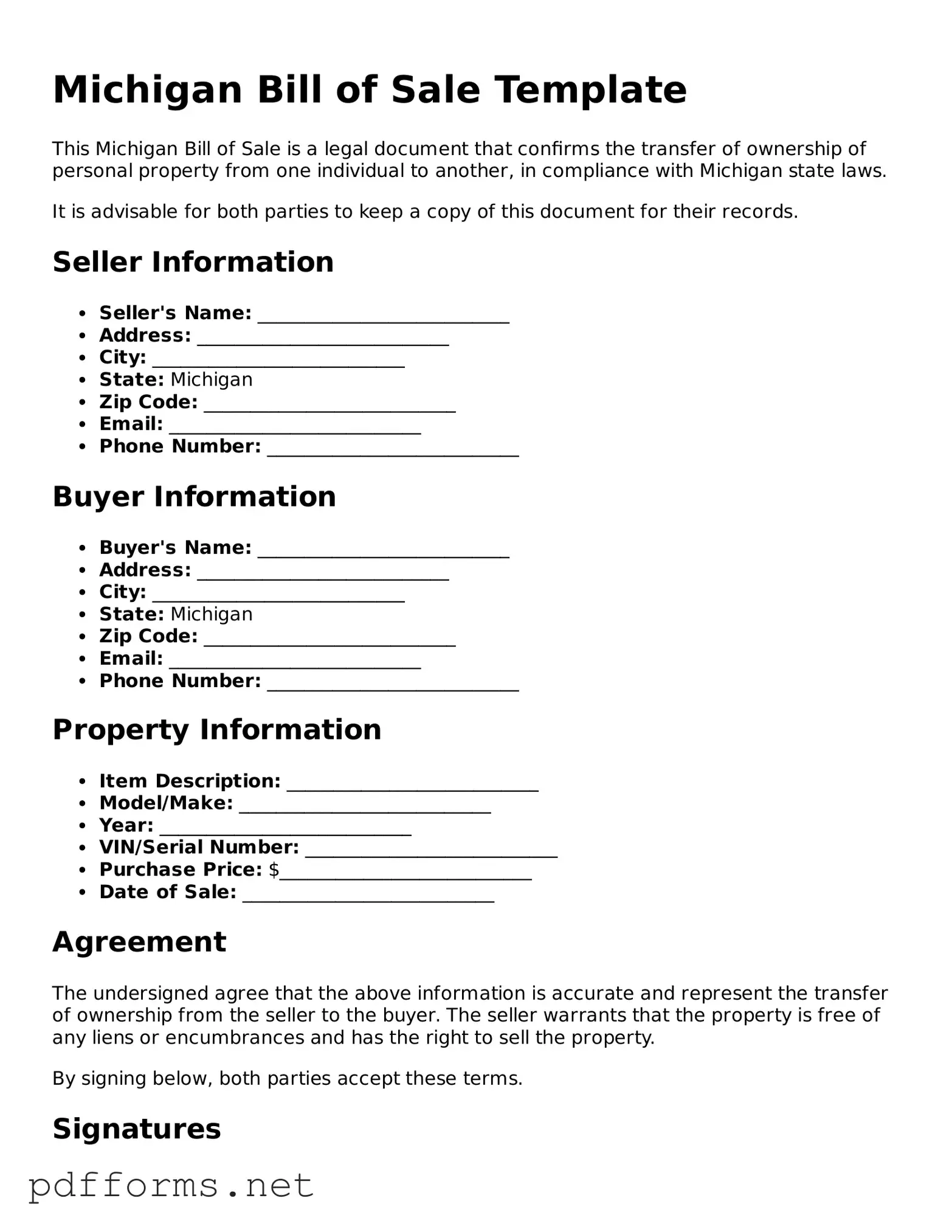 Free  Bill of Sale Document for Michigan