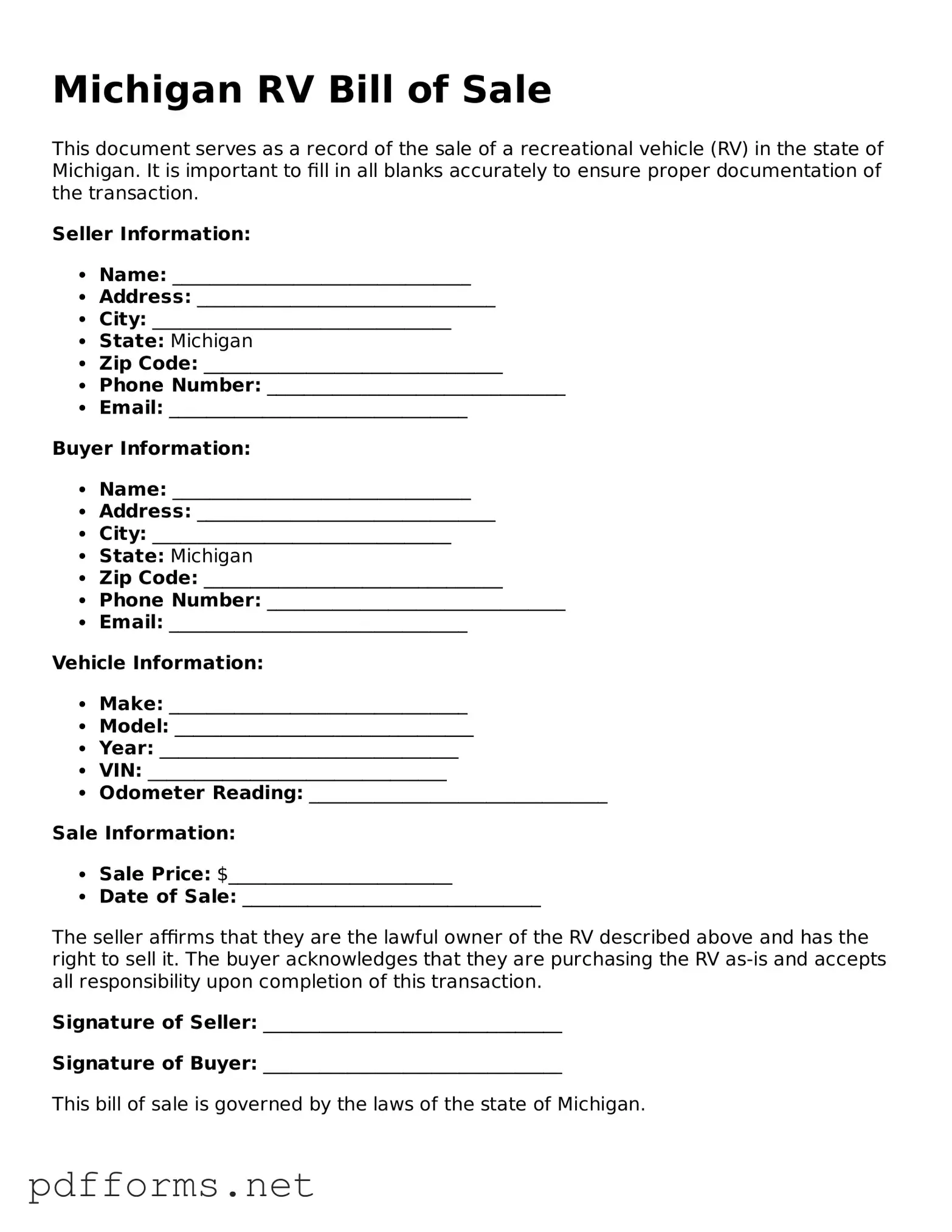 Free  RV Bill of Sale Document for Michigan