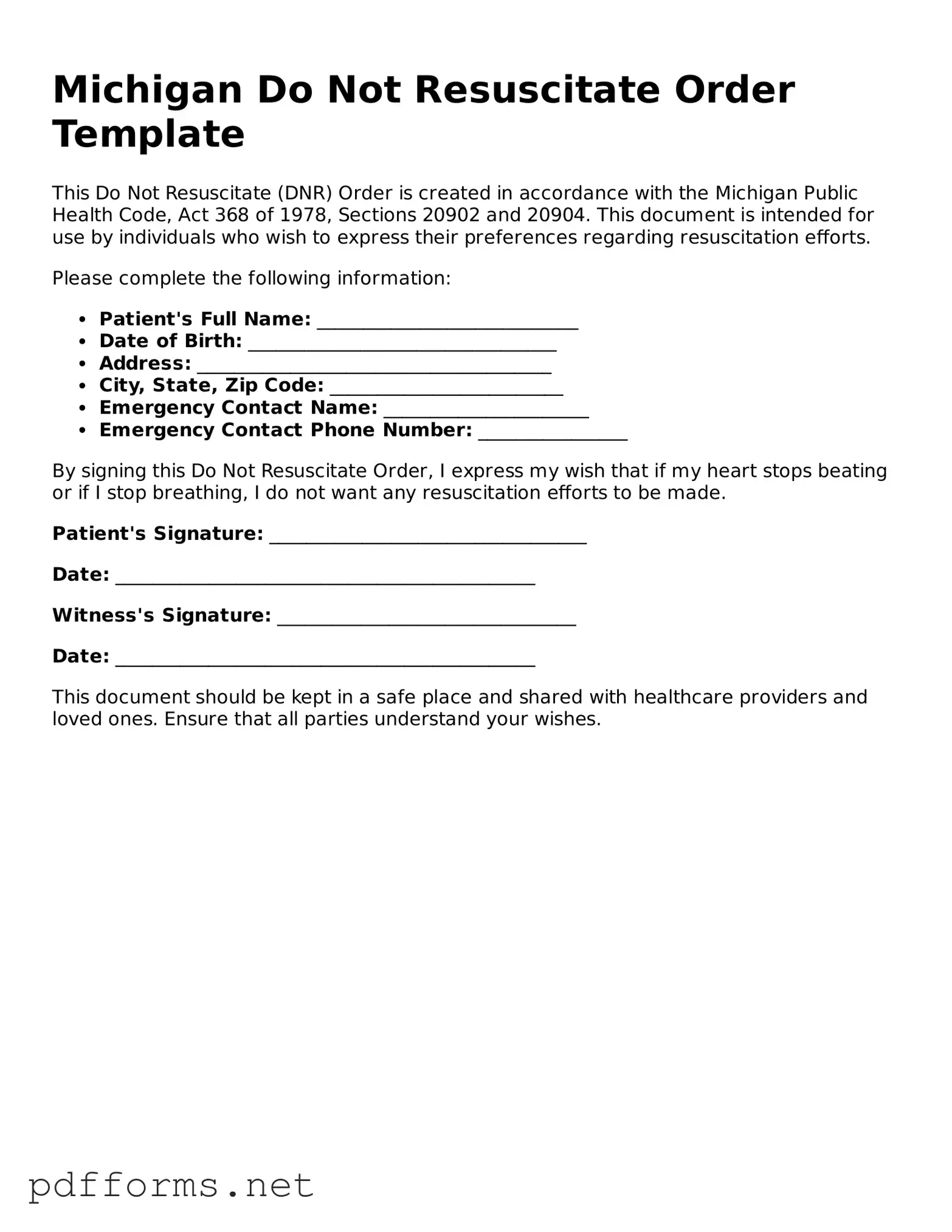 Free  Do Not Resuscitate Order Document for Michigan