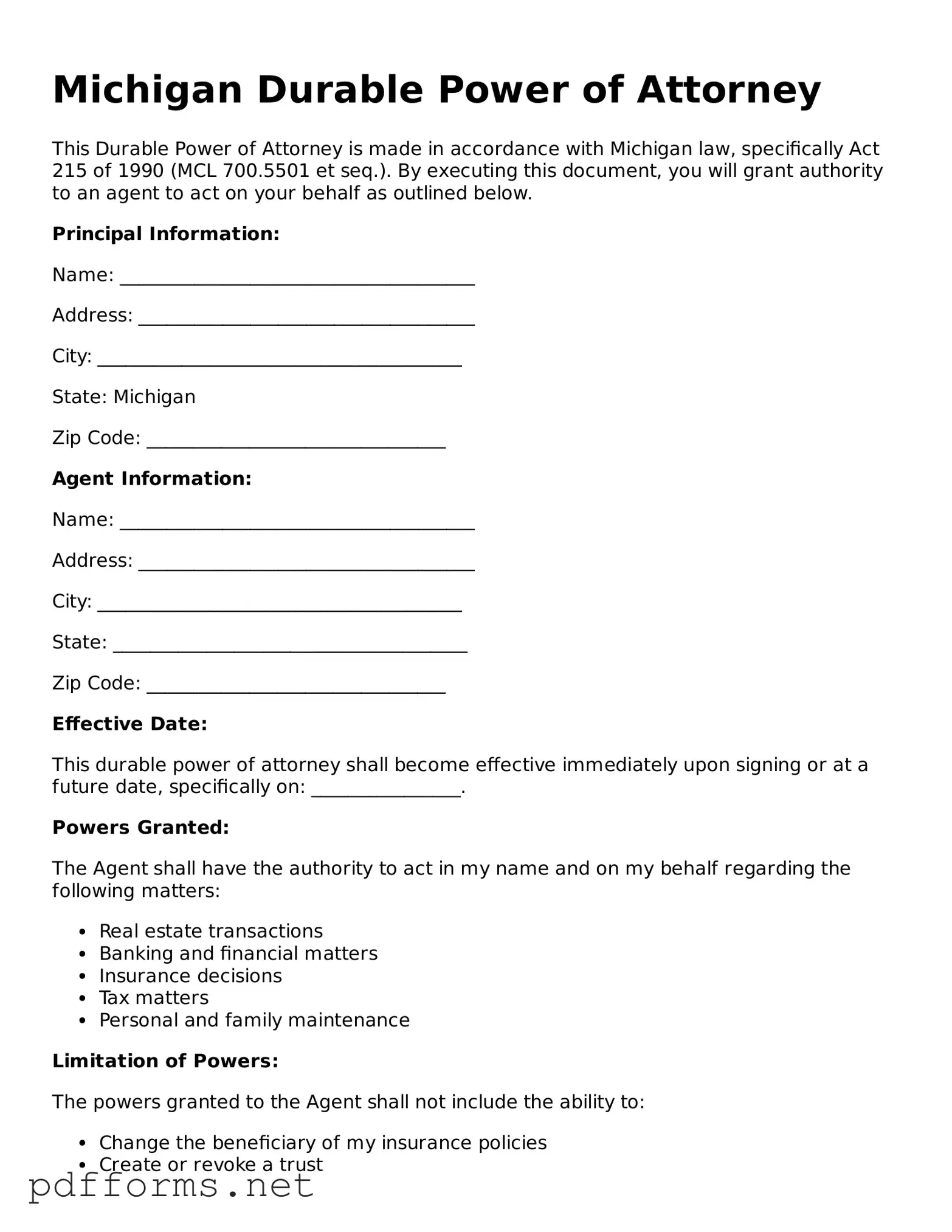 Free  Durable Power of Attorney Document for Michigan