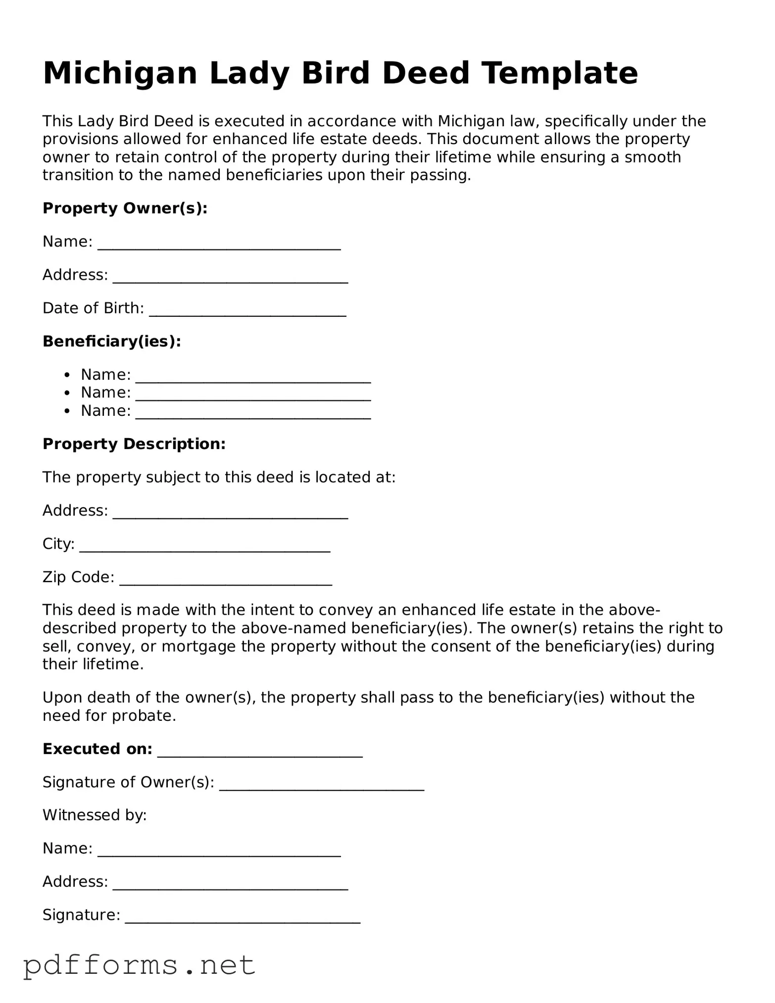 Free  Lady Bird Deed Document for Michigan