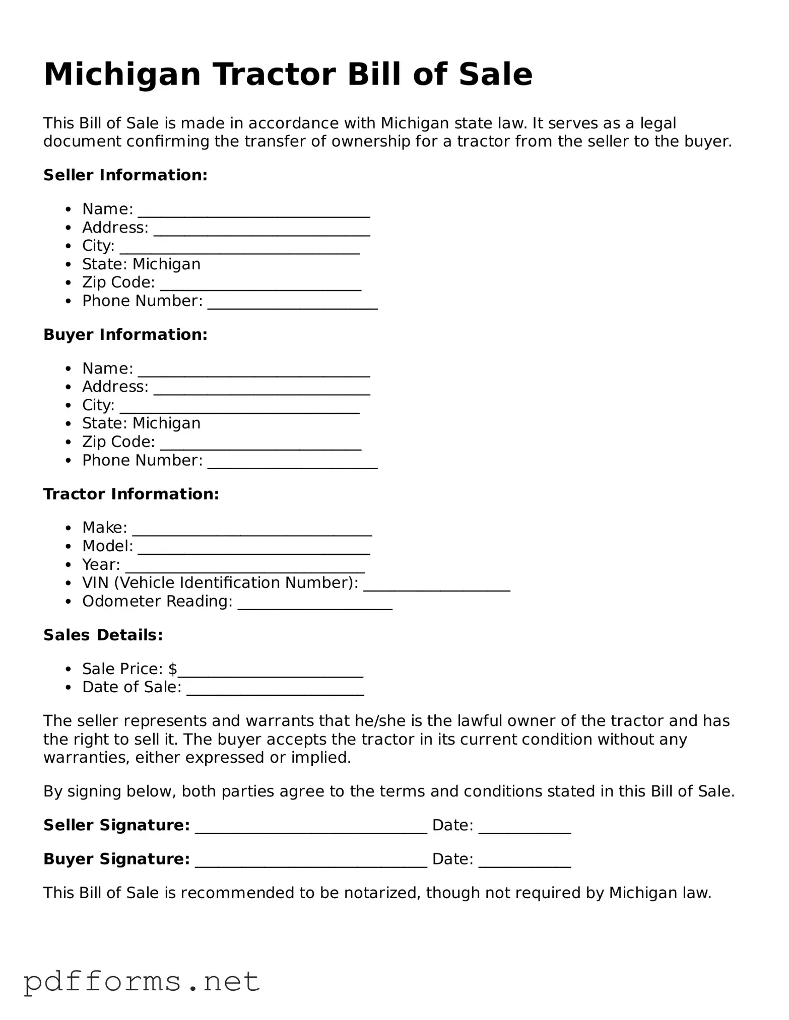 Free  Tractor Bill of Sale Document for Michigan