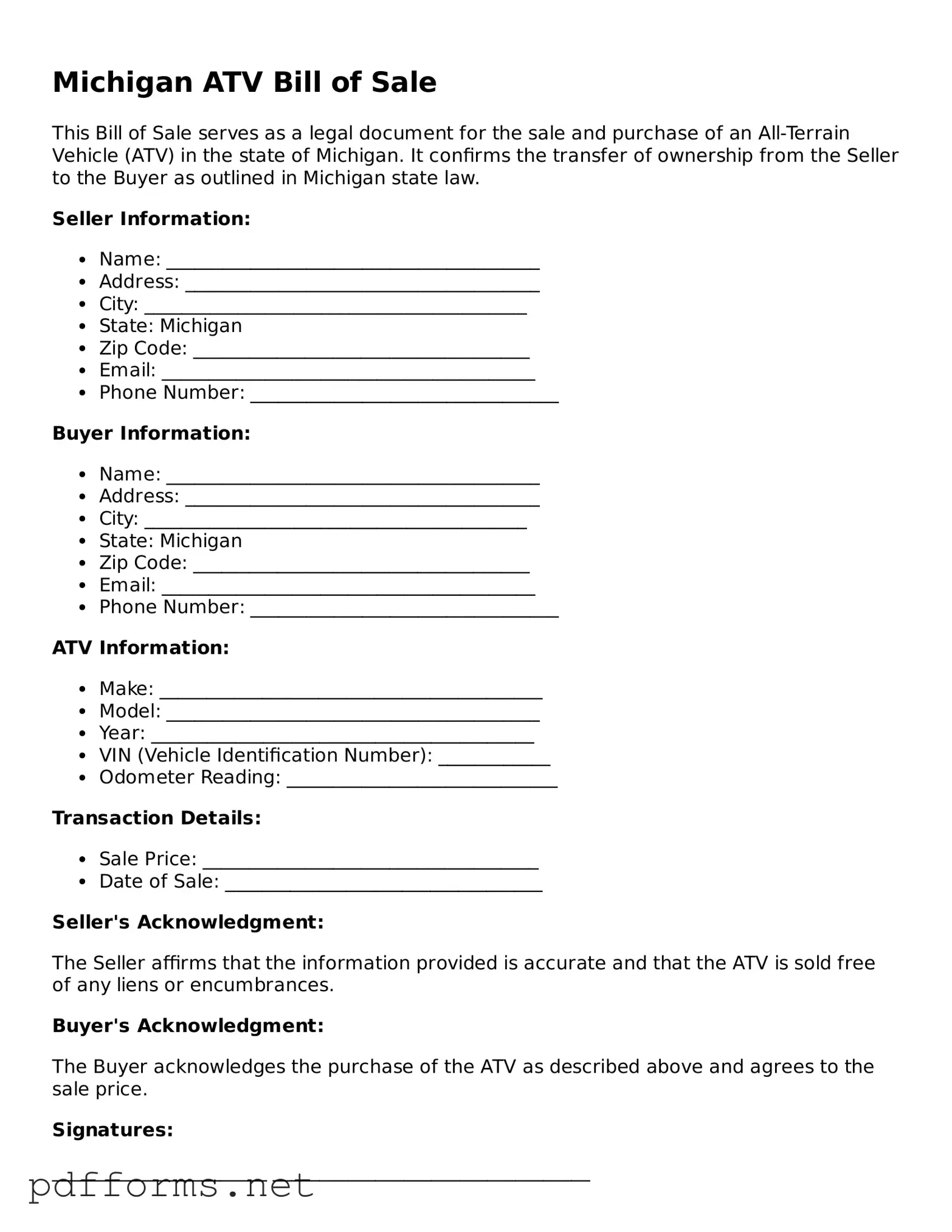 Free  ATV Bill of Sale Document for Michigan
