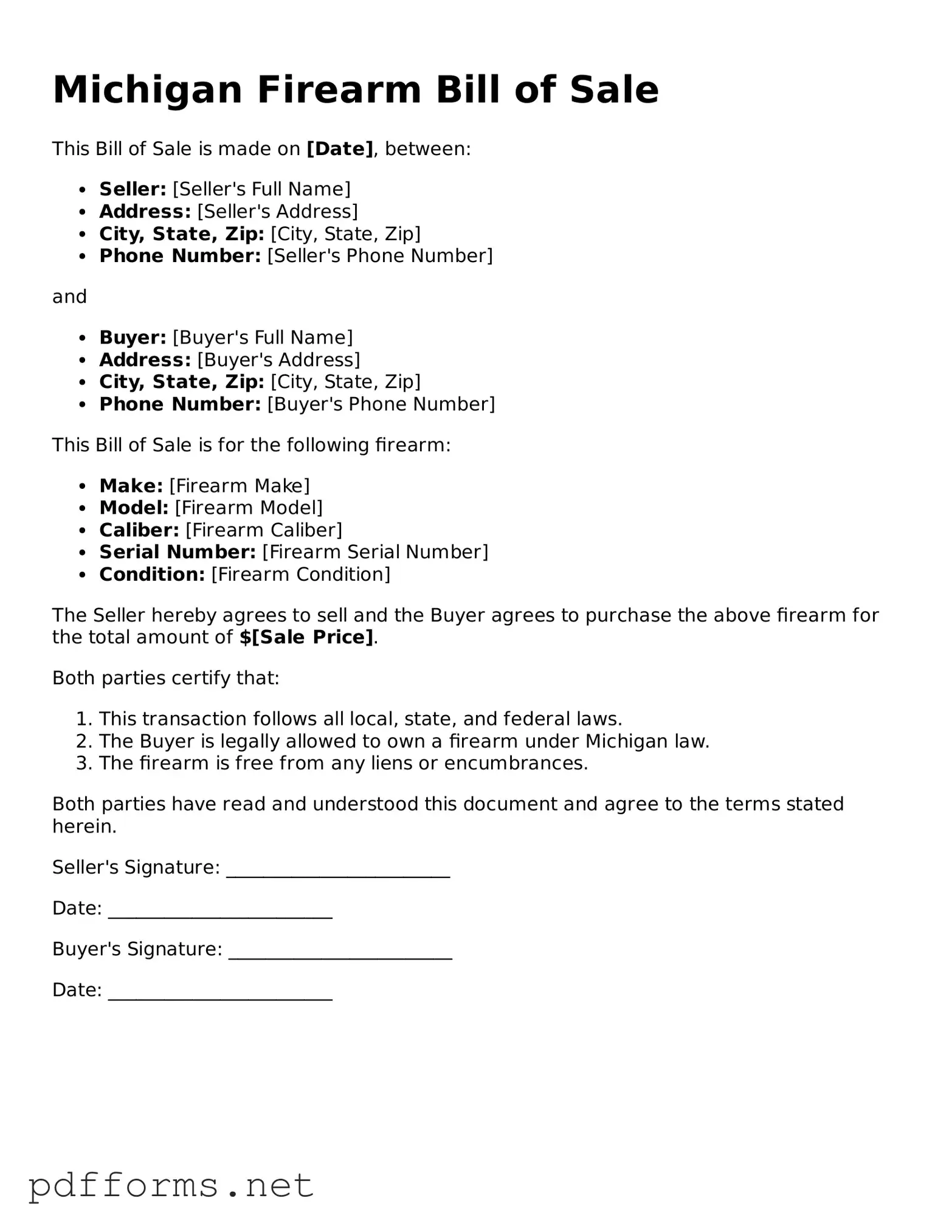 Free  Firearm Bill of Sale Document for Michigan
