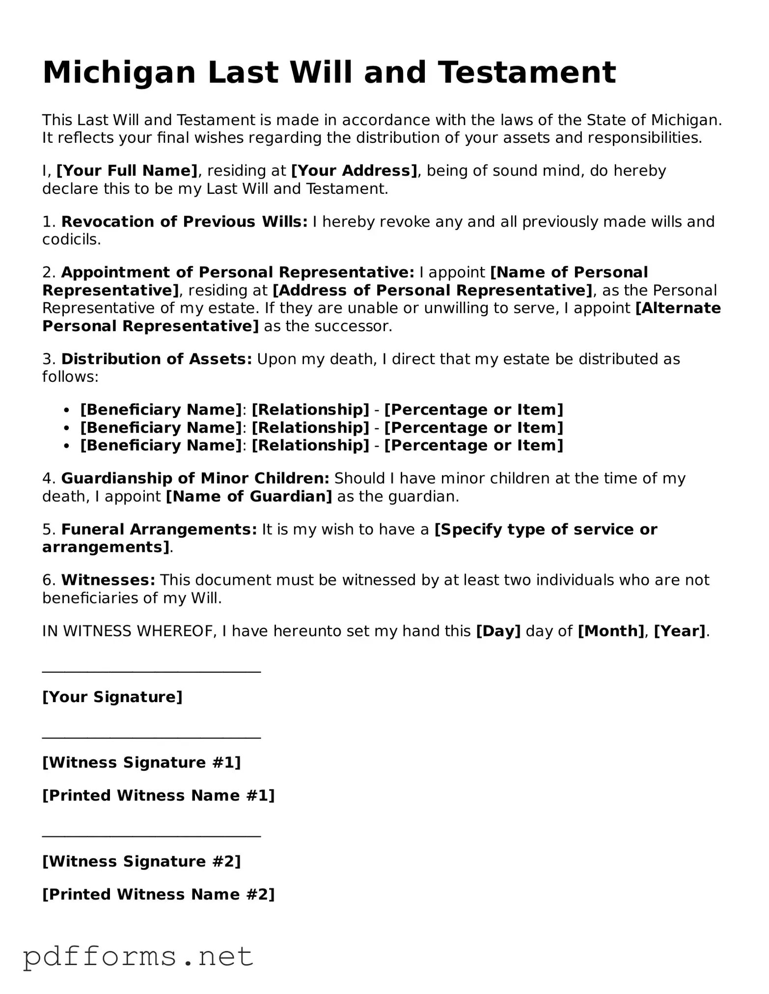 Free  Last Will and Testament Document for Michigan