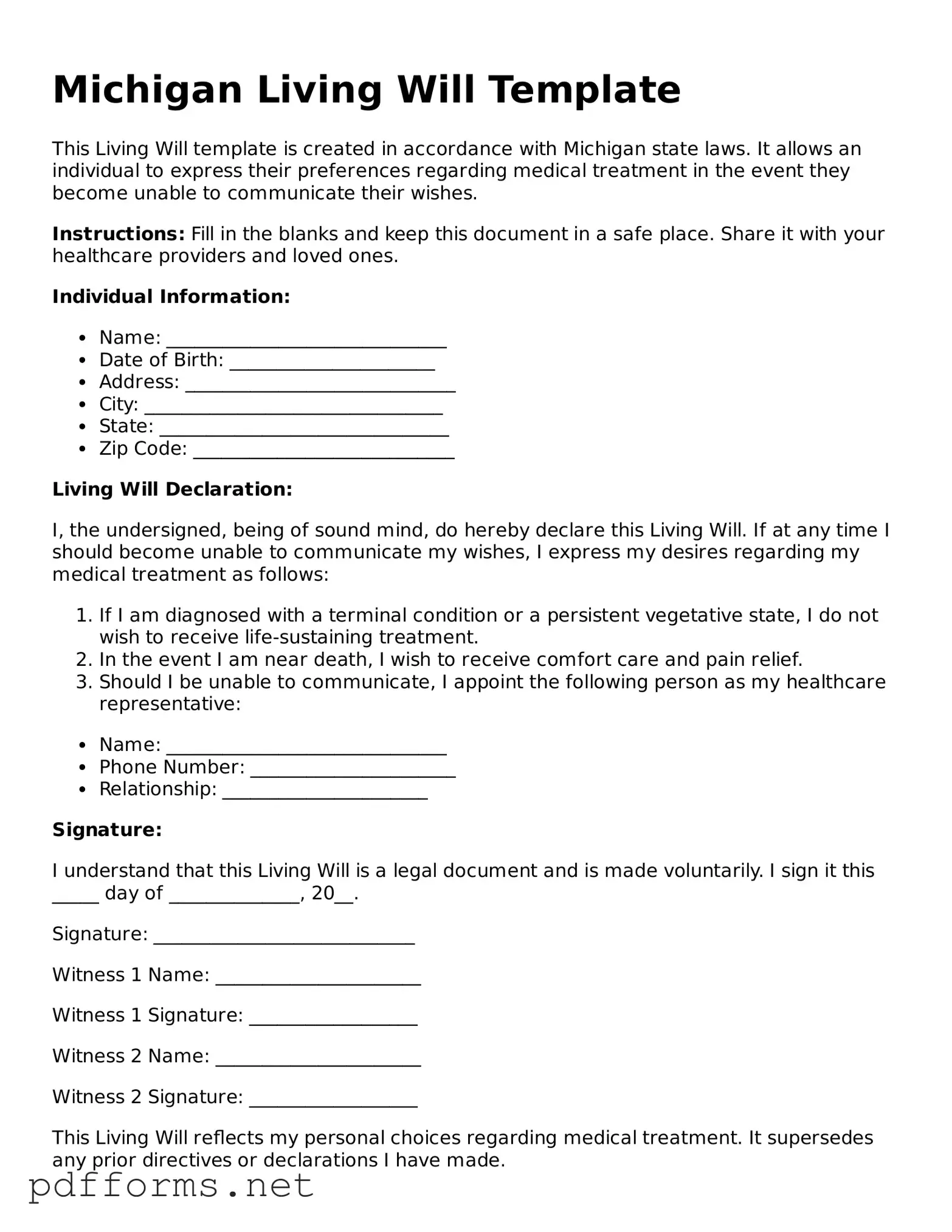Free  Living Will Document for Michigan