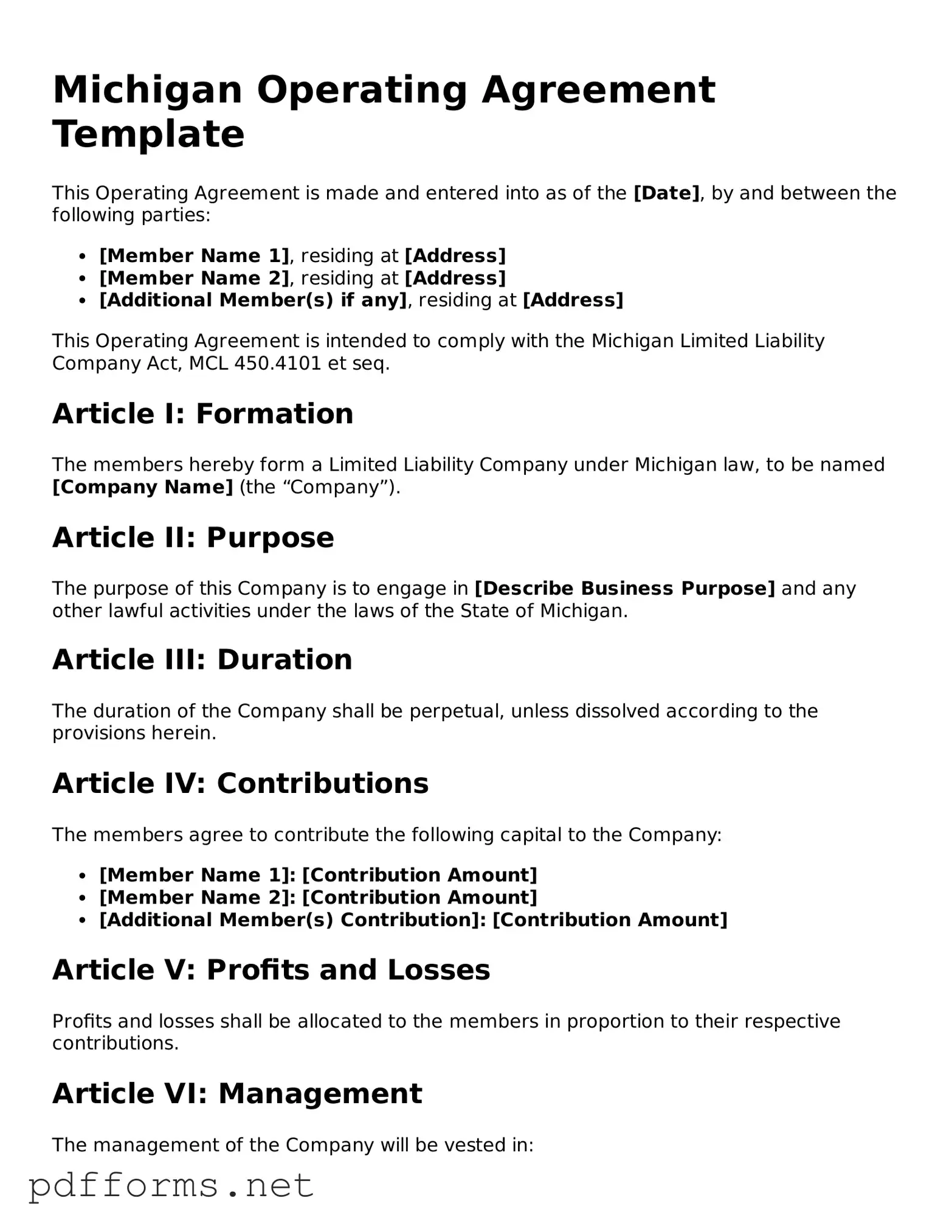 Free  Operating Agreement Document for Michigan