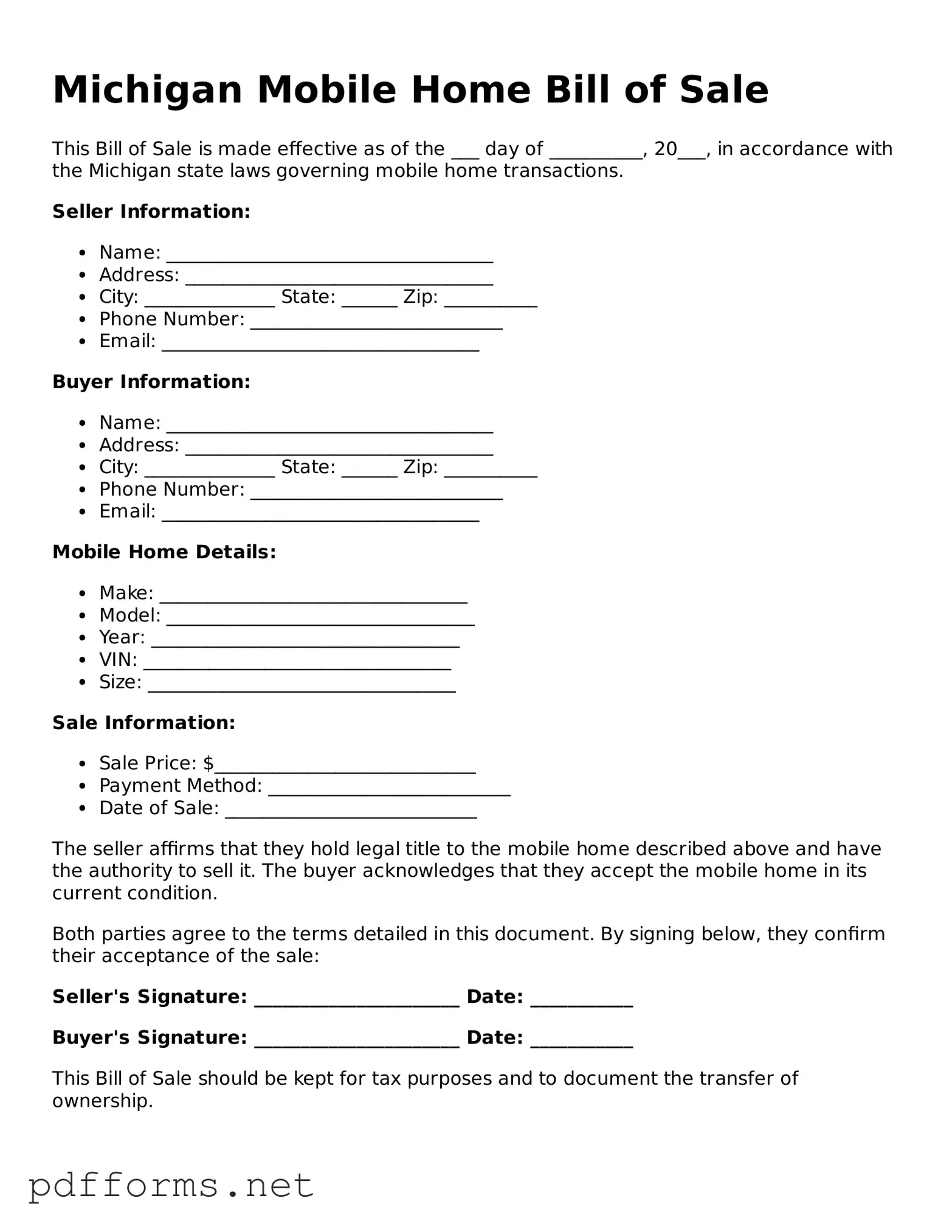 Free  Mobile Home Bill of Sale Document for Michigan