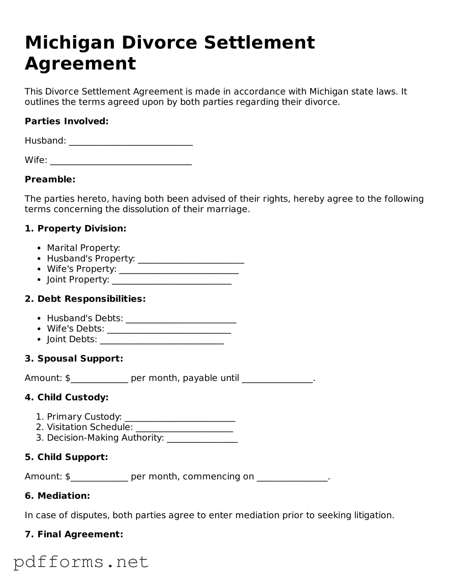 Free  Divorce Settlement Agreement Document for Michigan