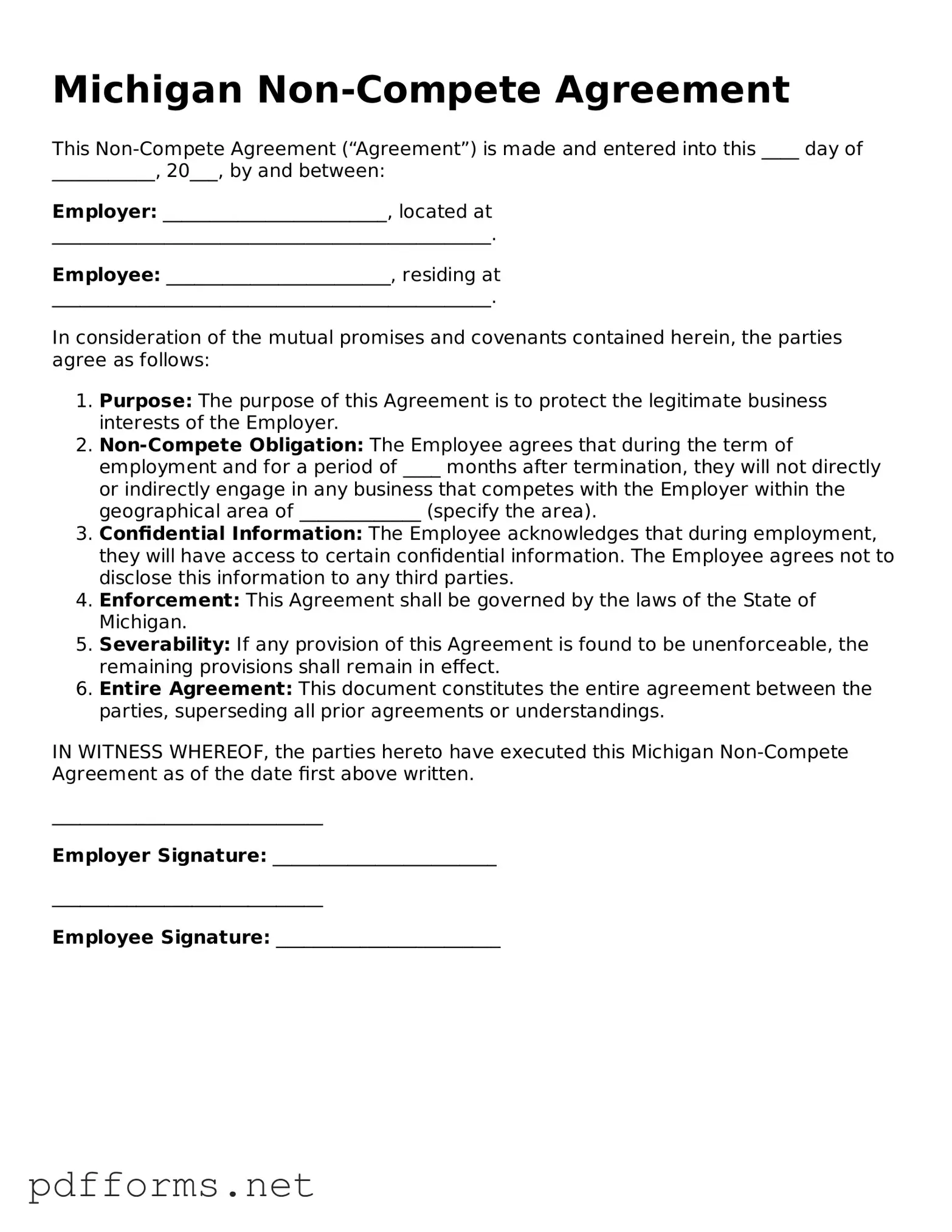Free  Non-compete Agreement Document for Michigan