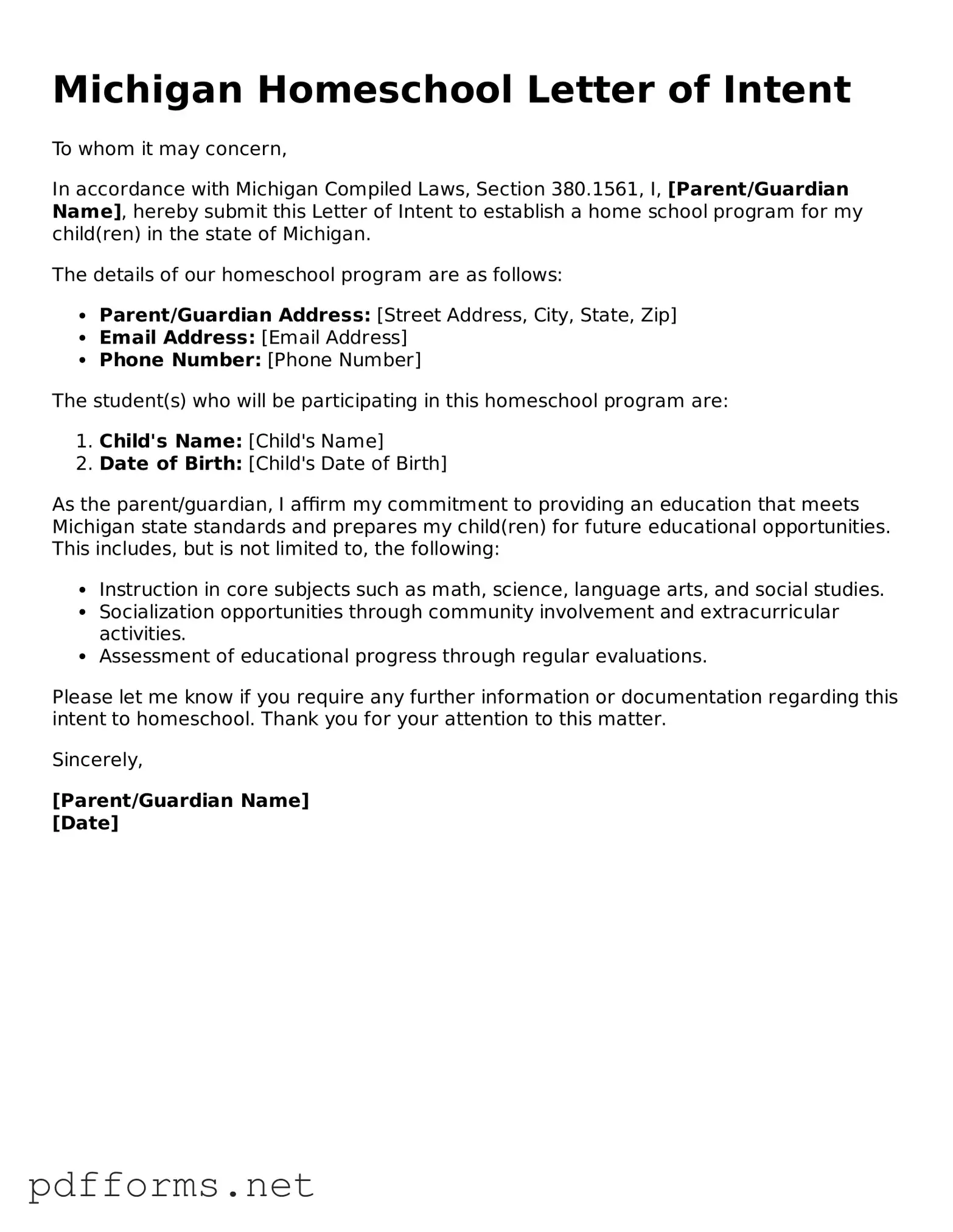 Free  Homeschool Letter of Intent Document for Michigan