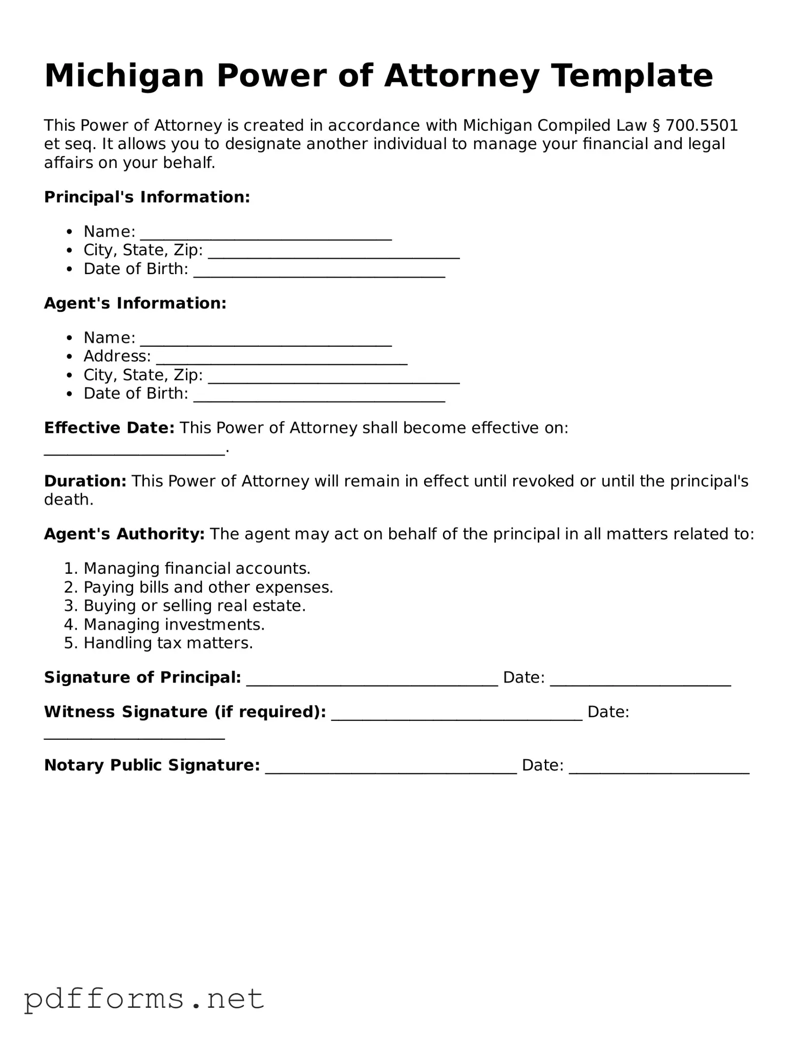 Free  Power of Attorney Document for Michigan