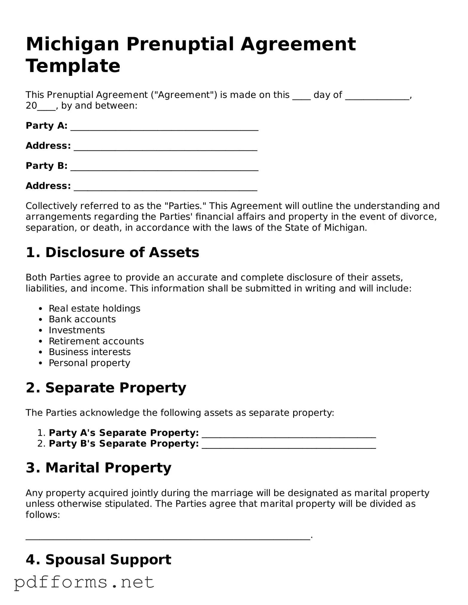 Free  Prenuptial Agreement Document for Michigan