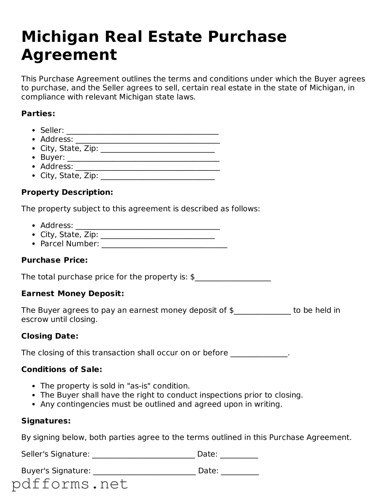 Free  Real Estate Purchase Agreement Document for Michigan