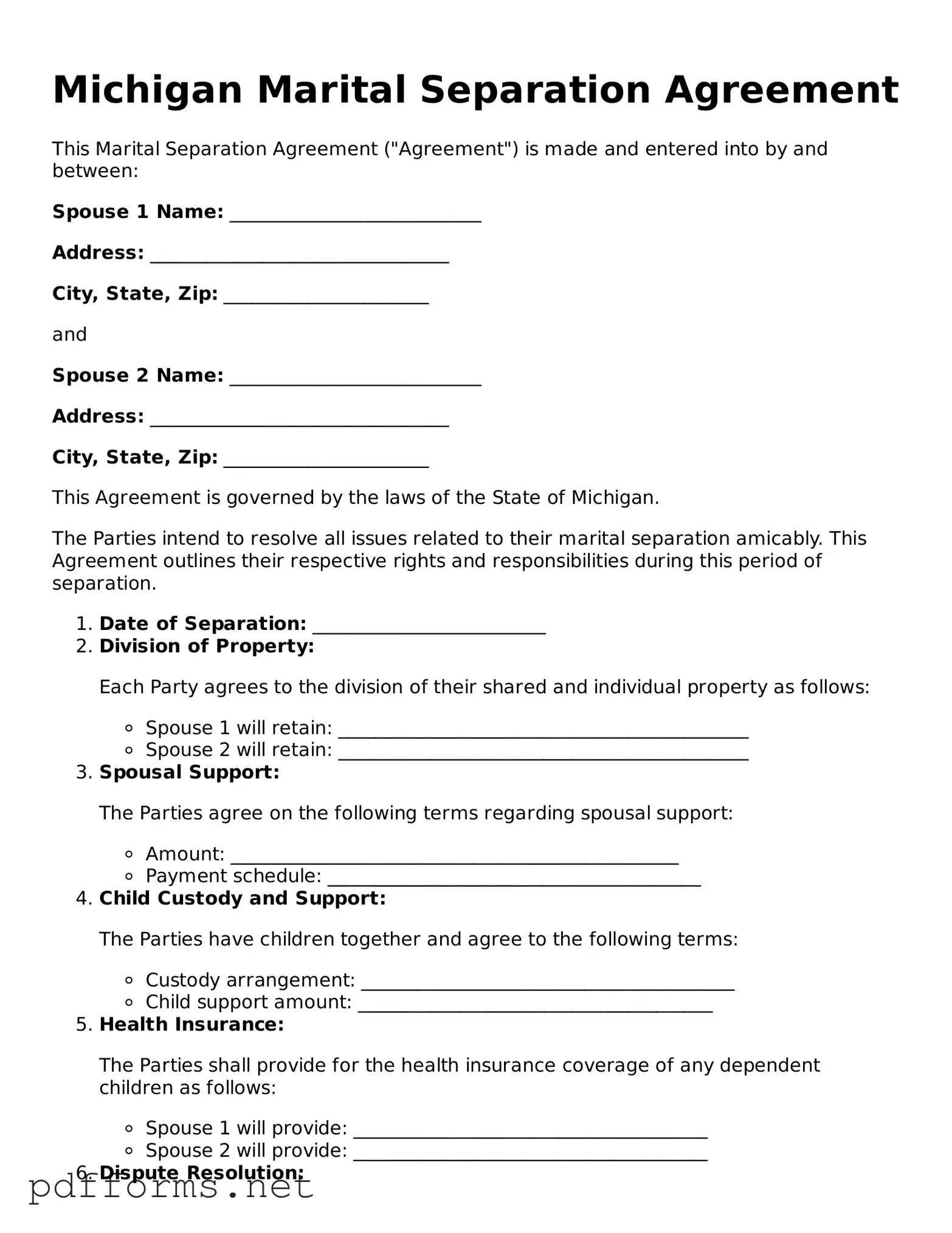 Free  Marital Separation Agreement Document for Michigan