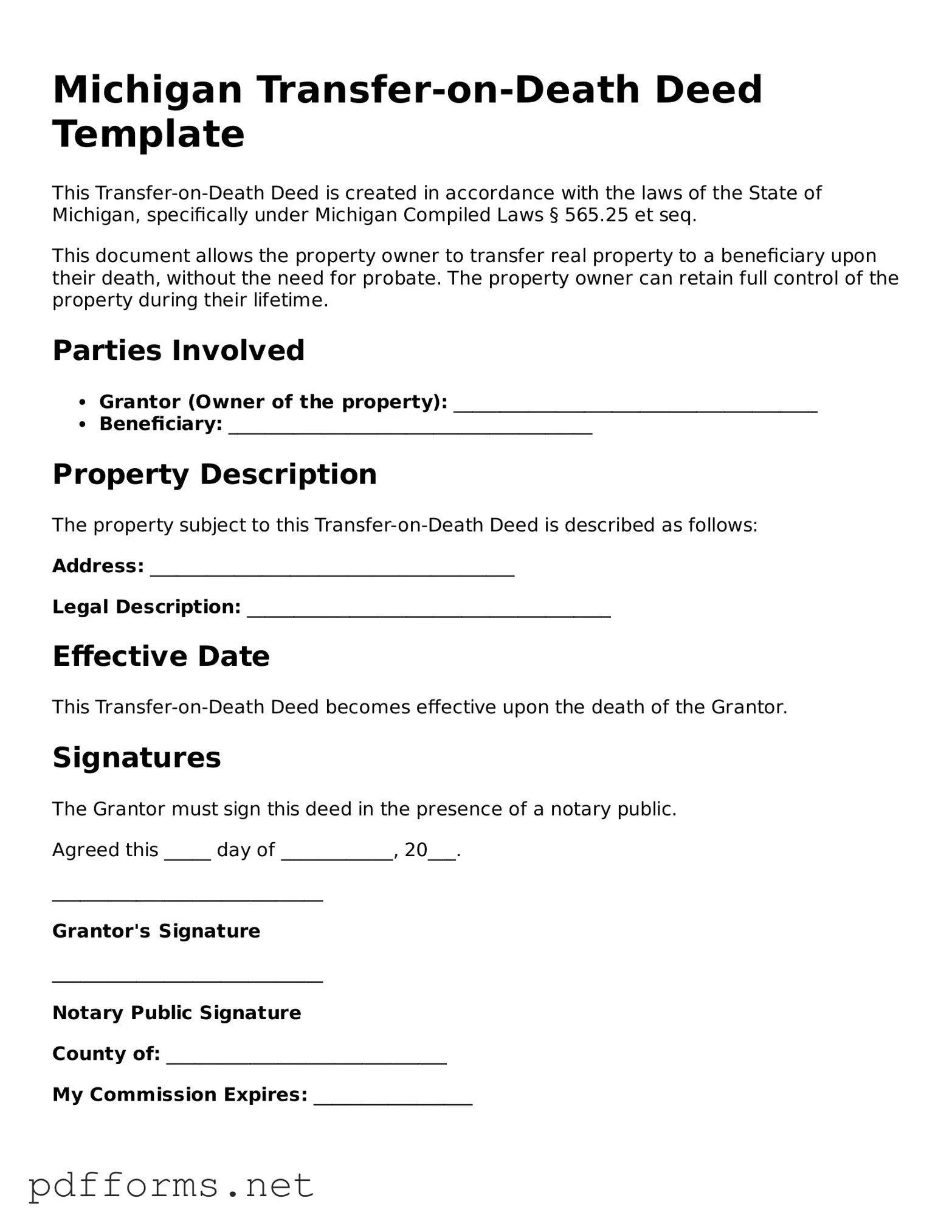 Free  Transfer-on-Death Deed Document for Michigan