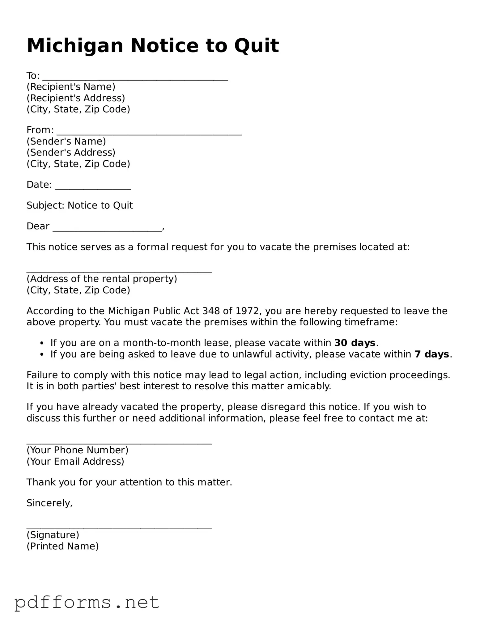 Free  Notice to Quit Document for Michigan