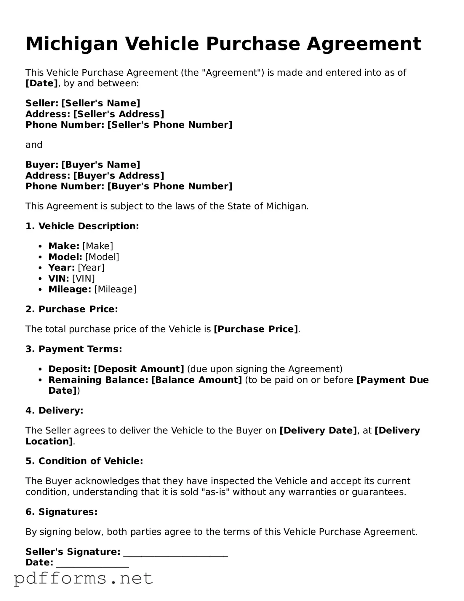 Free  Vehicle Purchase Agreement Document for Michigan