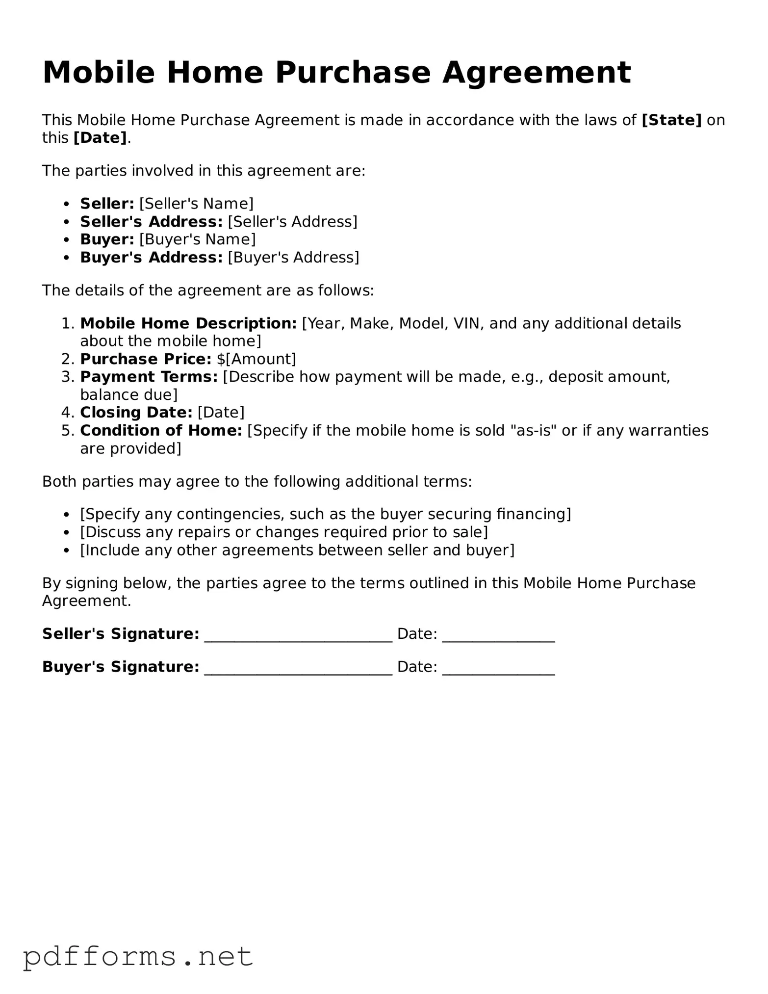 Official Mobile Home Purchase Agreement Template
