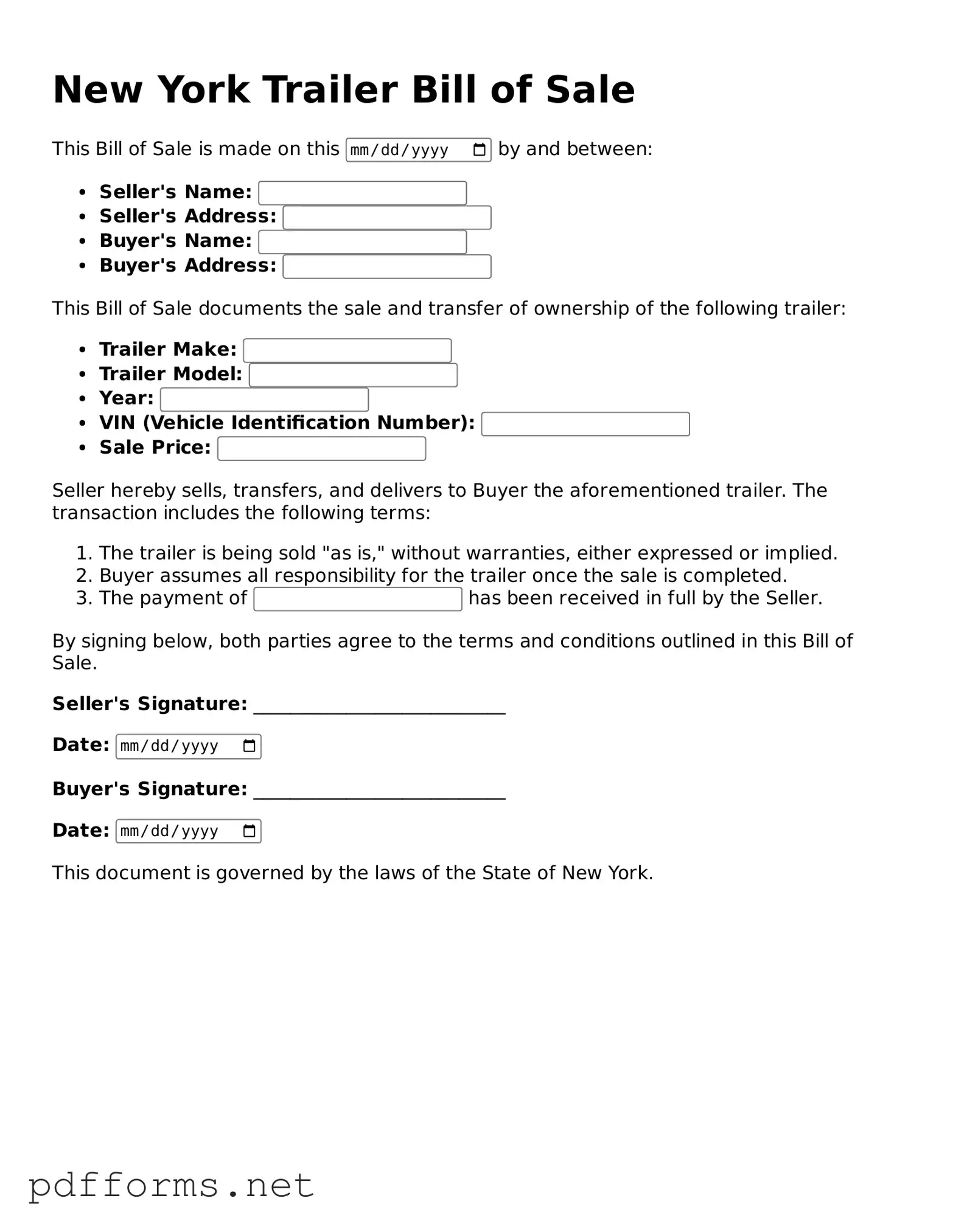 Free  Trailer Bill of Sale Document for New York