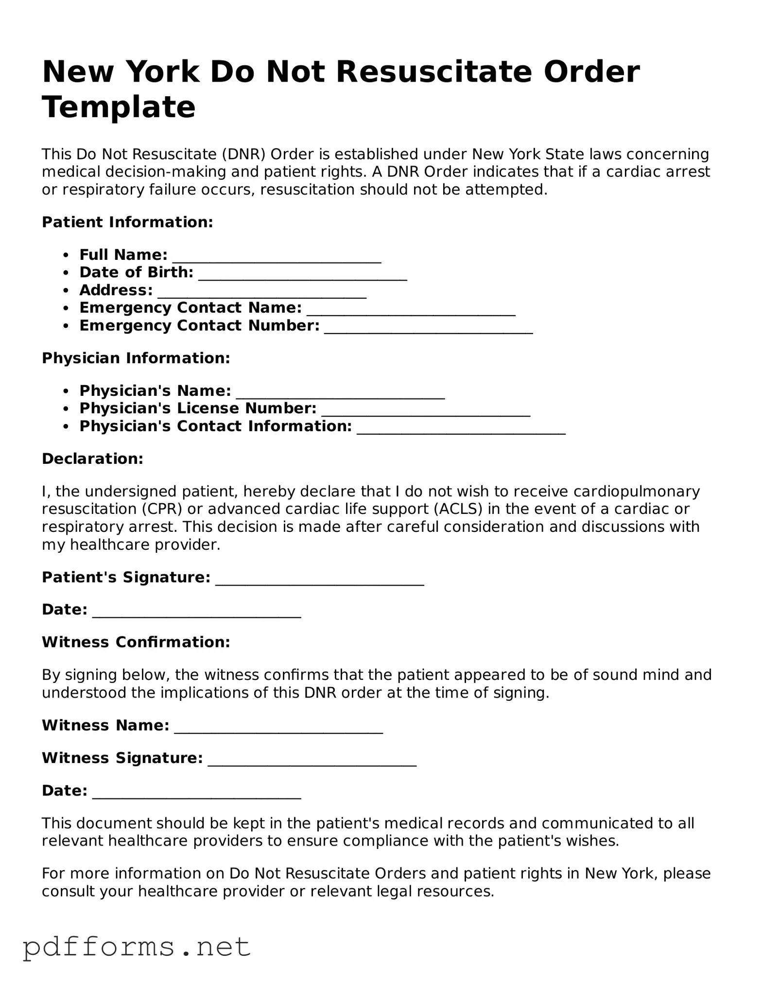 Free  Do Not Resuscitate Order Document for New York