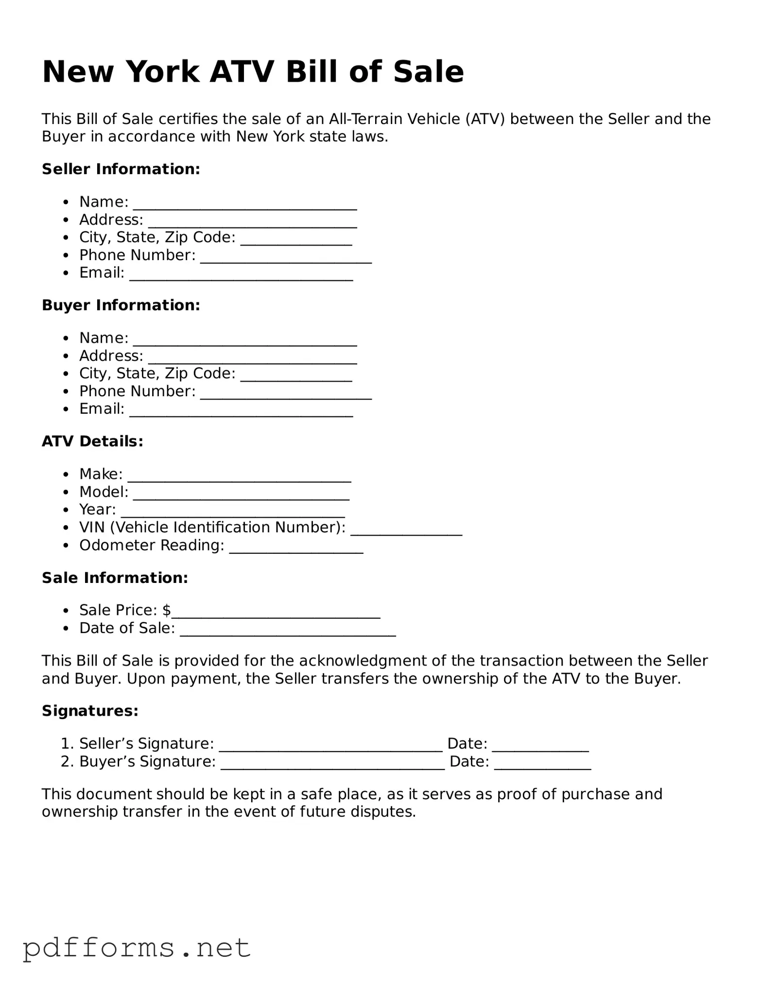 Free  ATV Bill of Sale Document for New York