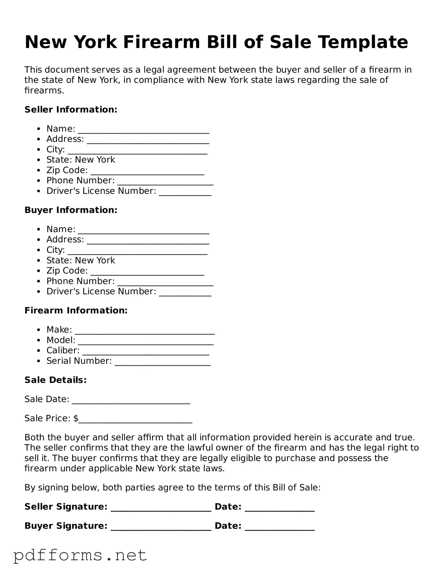 Free  Firearm Bill of Sale Document for New York