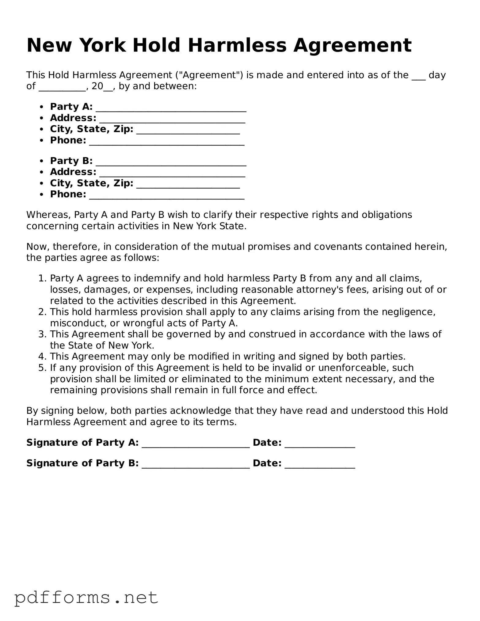 Free  Hold Harmless Agreement Document for New York