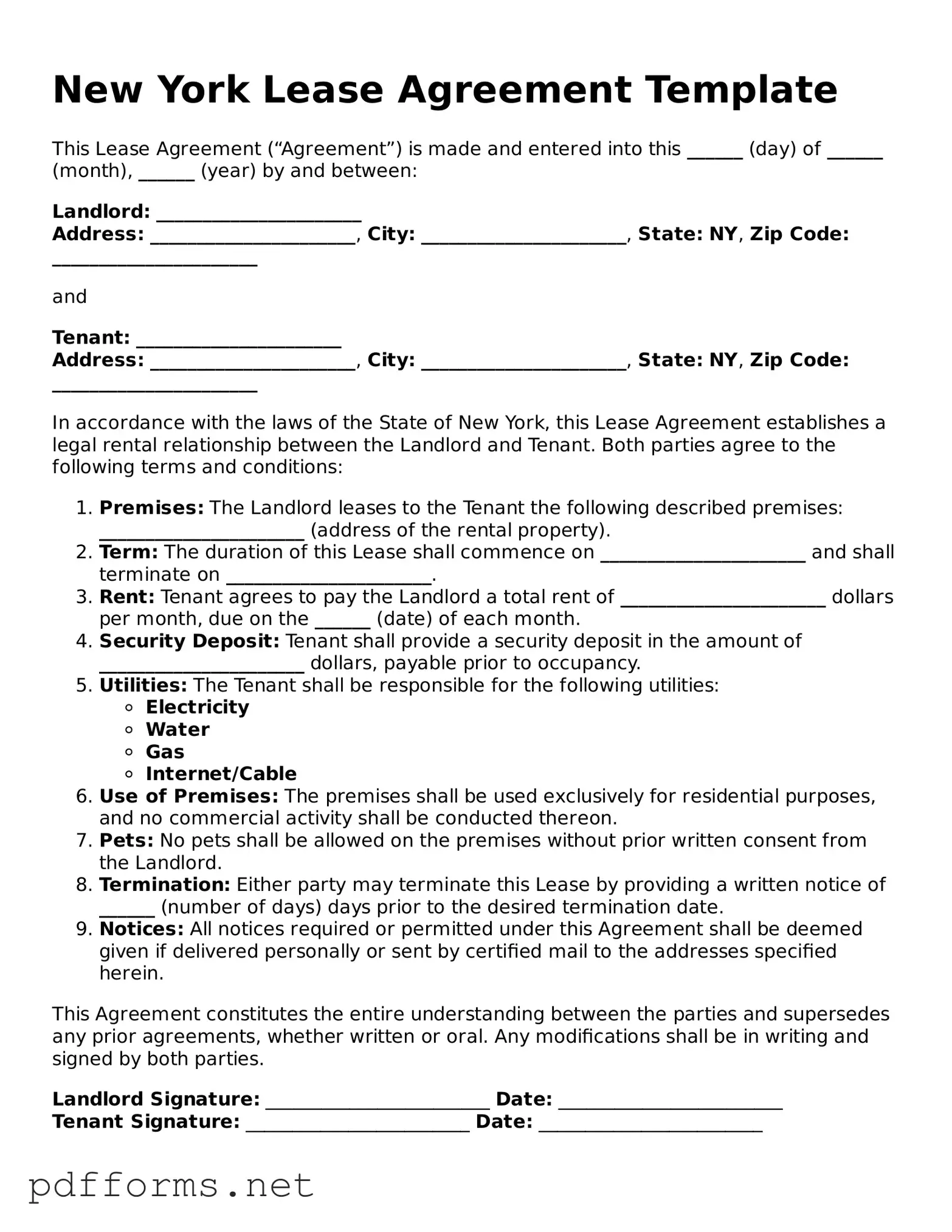 Free  Lease Agreement Document for New York