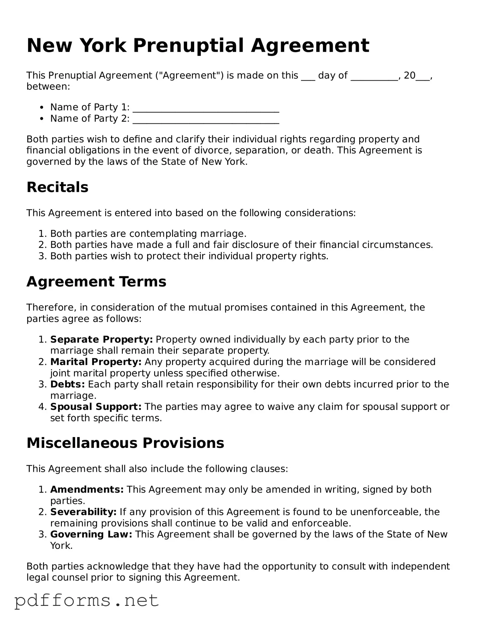 Free  Prenuptial Agreement Document for New York